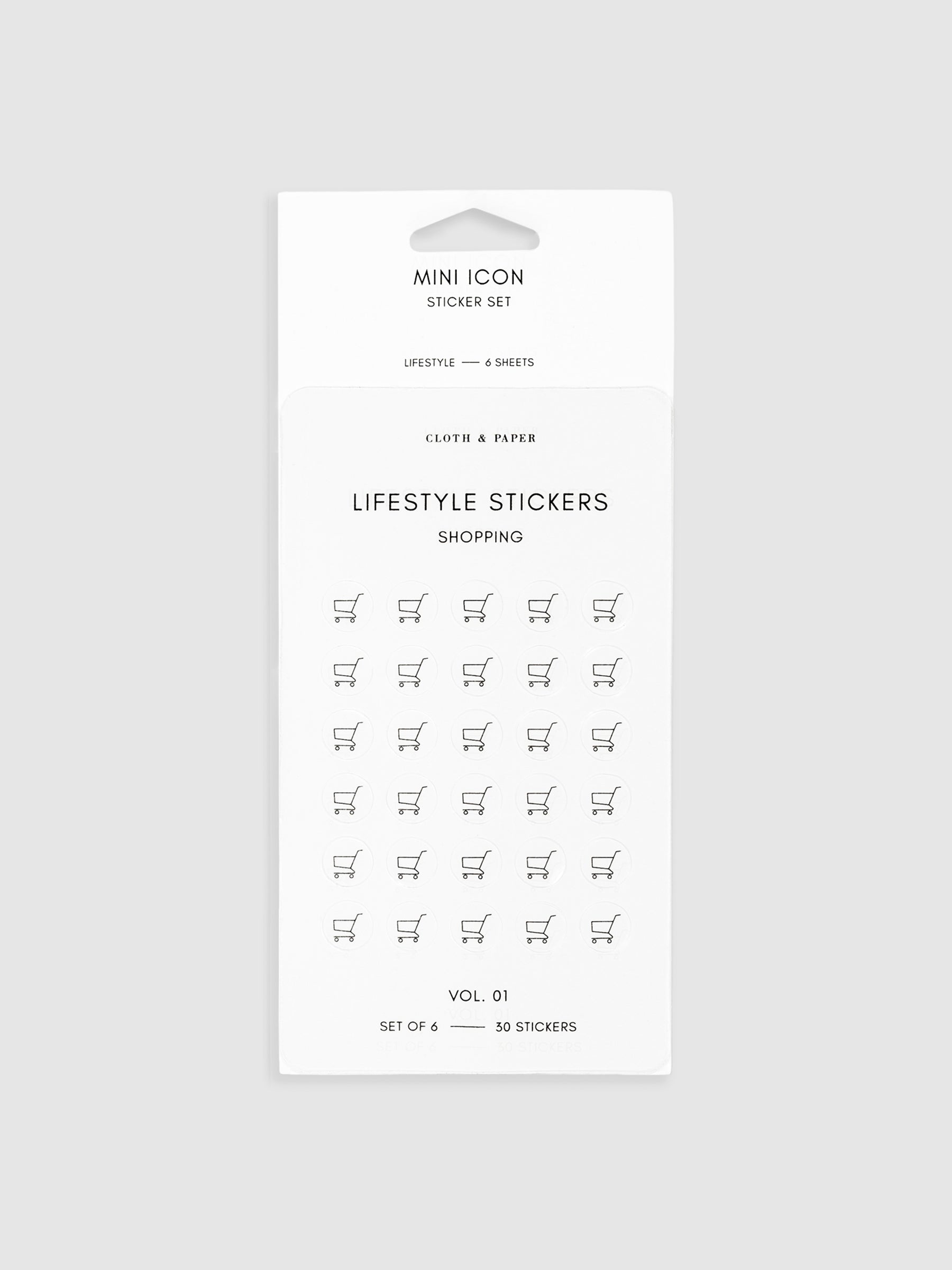 Mini Icon Stickers, Lifestyle, Cloth and Paper. Shopping sticker sheet from Lifestyle Mini Icon Stickers displayed on a neutral background.