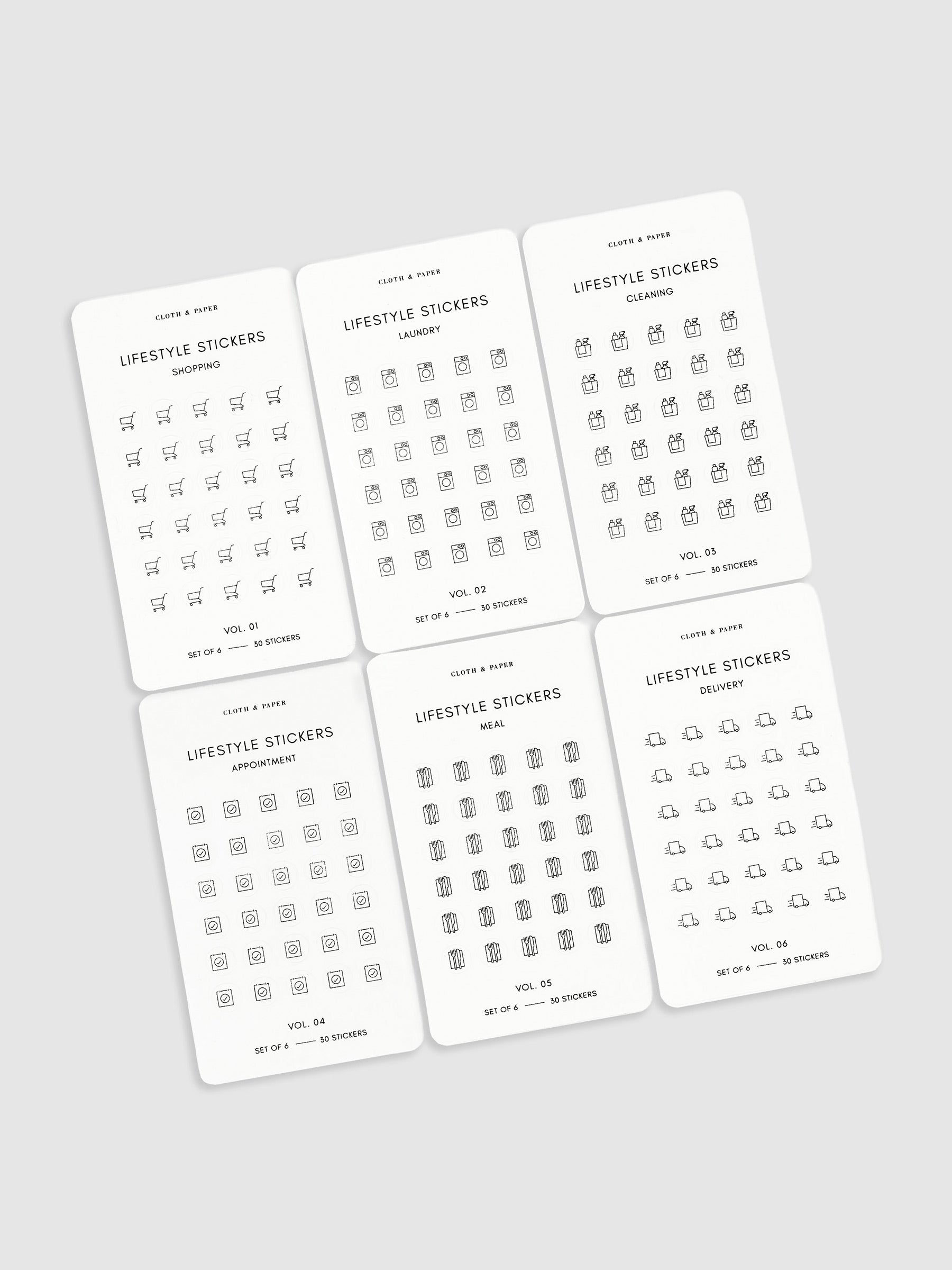 Six sticker designs - shopping, laundry, cleaning, appointment, meal, and delivery - are arranged in a grid tilted slightly to the left on a neutral background.