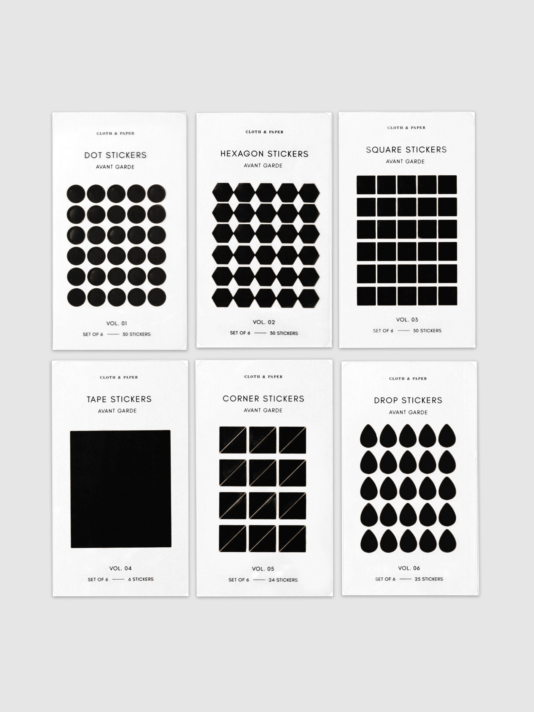 Mini Shape Sticker Set, Transparent, Avant Garde, Cloth and Paper. One of each sticker sheet laid out next to each other, 3 on top and 3 below. Stickers sheets are all perpendicular to each other, turned slightly to the right against a neutral background.