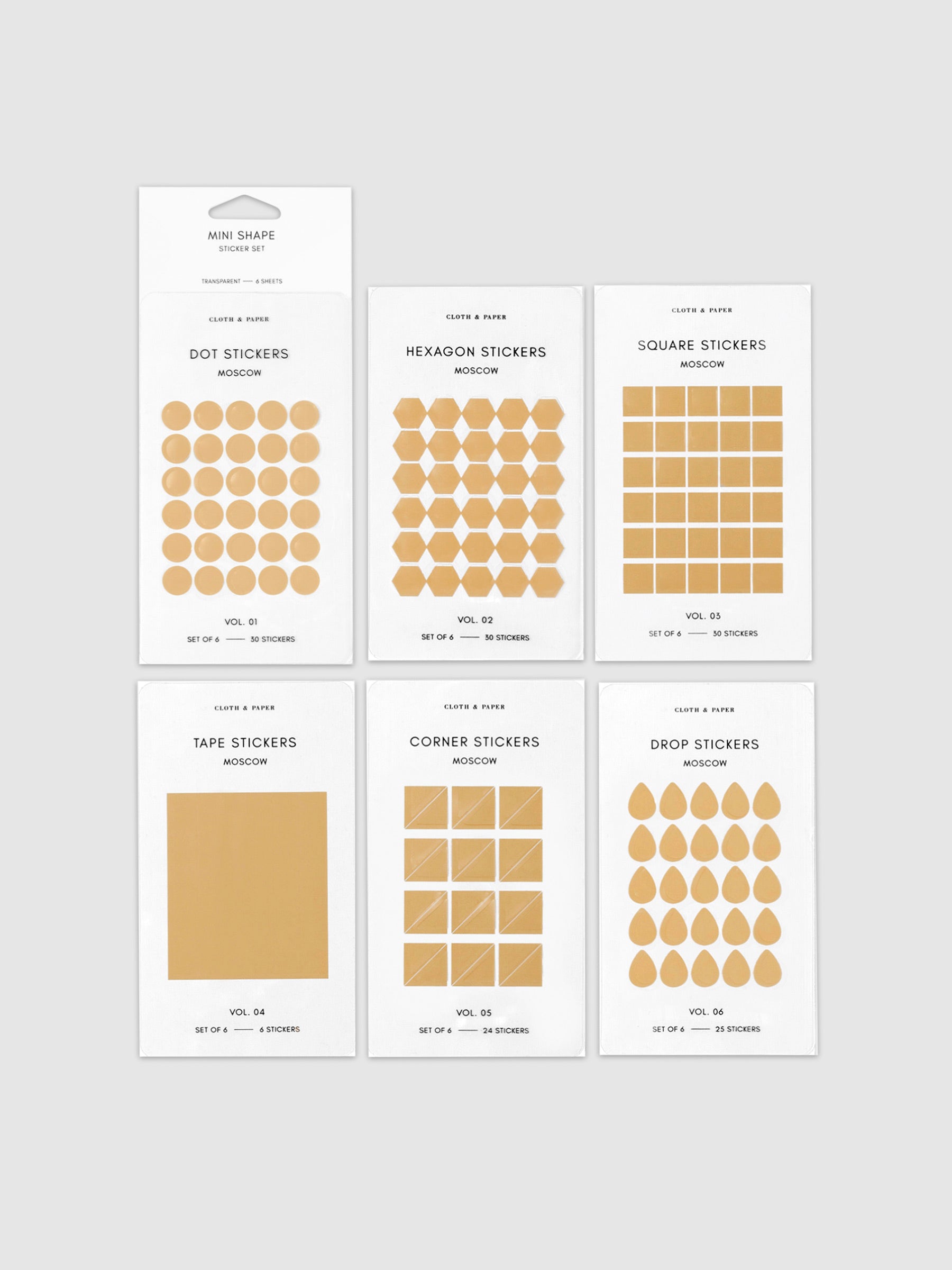 Mini Shape Sticker Set with Transparent Moscow Stickers displayed against a white background. All sheets of 6 different shapes from sticker set displayed in 2 rows and 3 columns, arranged next to one another in a rectangular pattern.