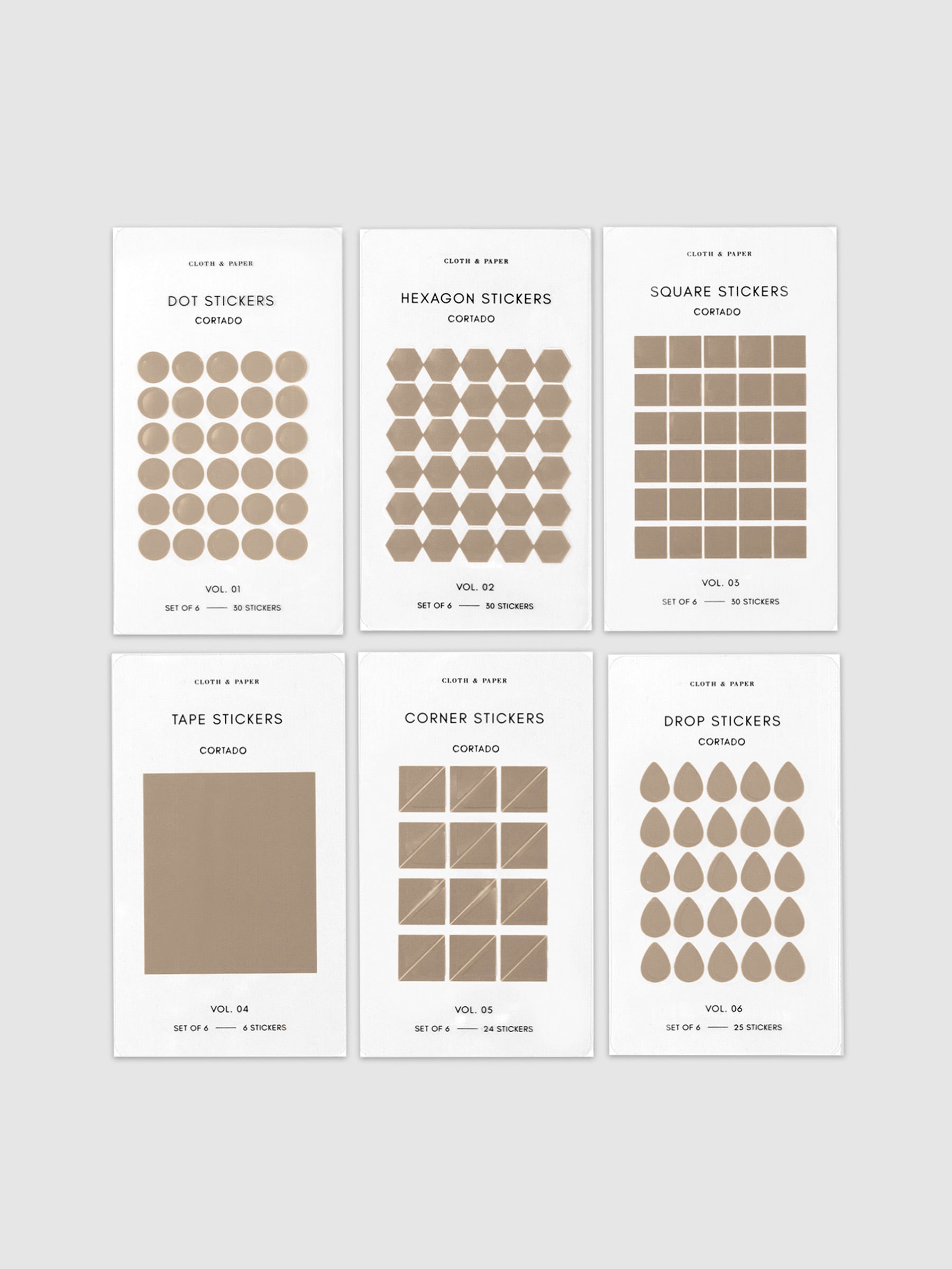 Mini Shape Sticker Set, Transparent, Cortado, Cloth and Paper. 6 different shapes of stickers laid out against a neutral background.