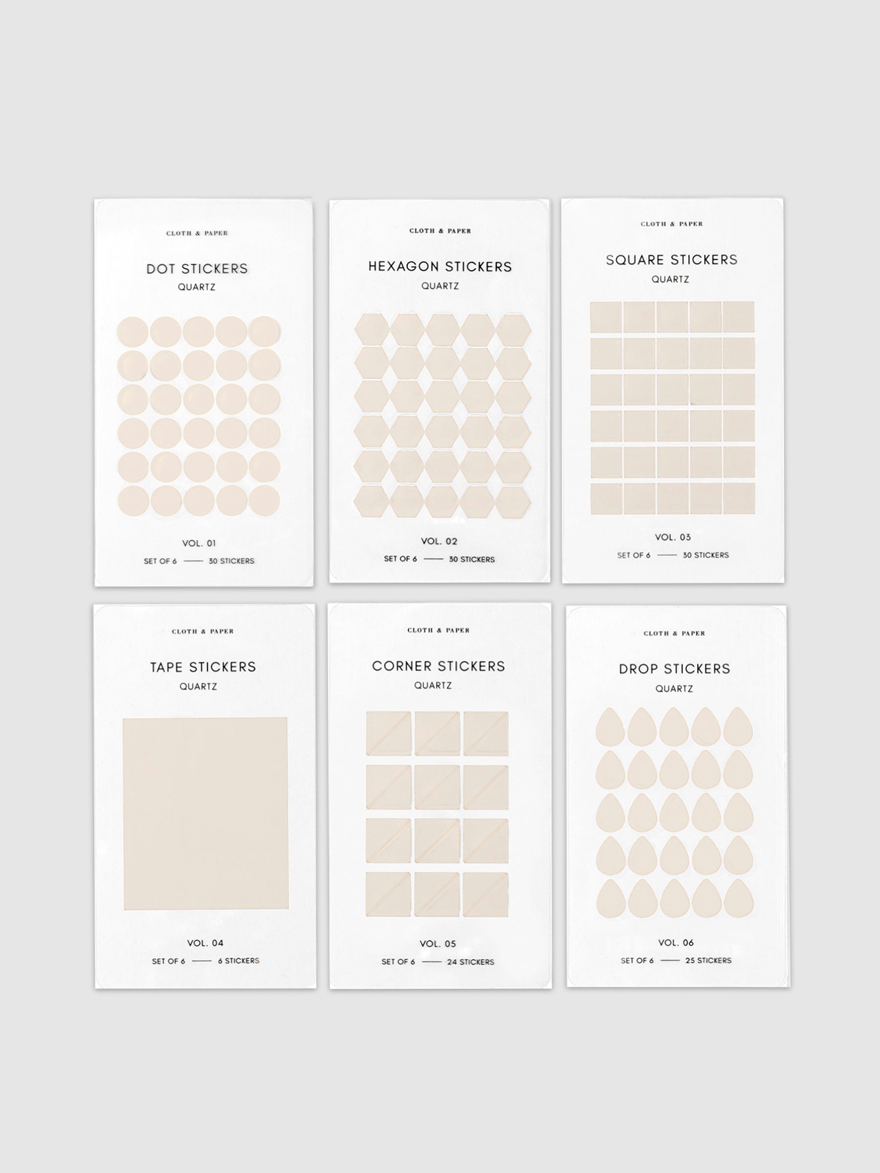 Mini Shape Sticker Set, Transparent, Quartz, Cloth and Paper. 6 different shapes of stickers laid out against a neutral background.