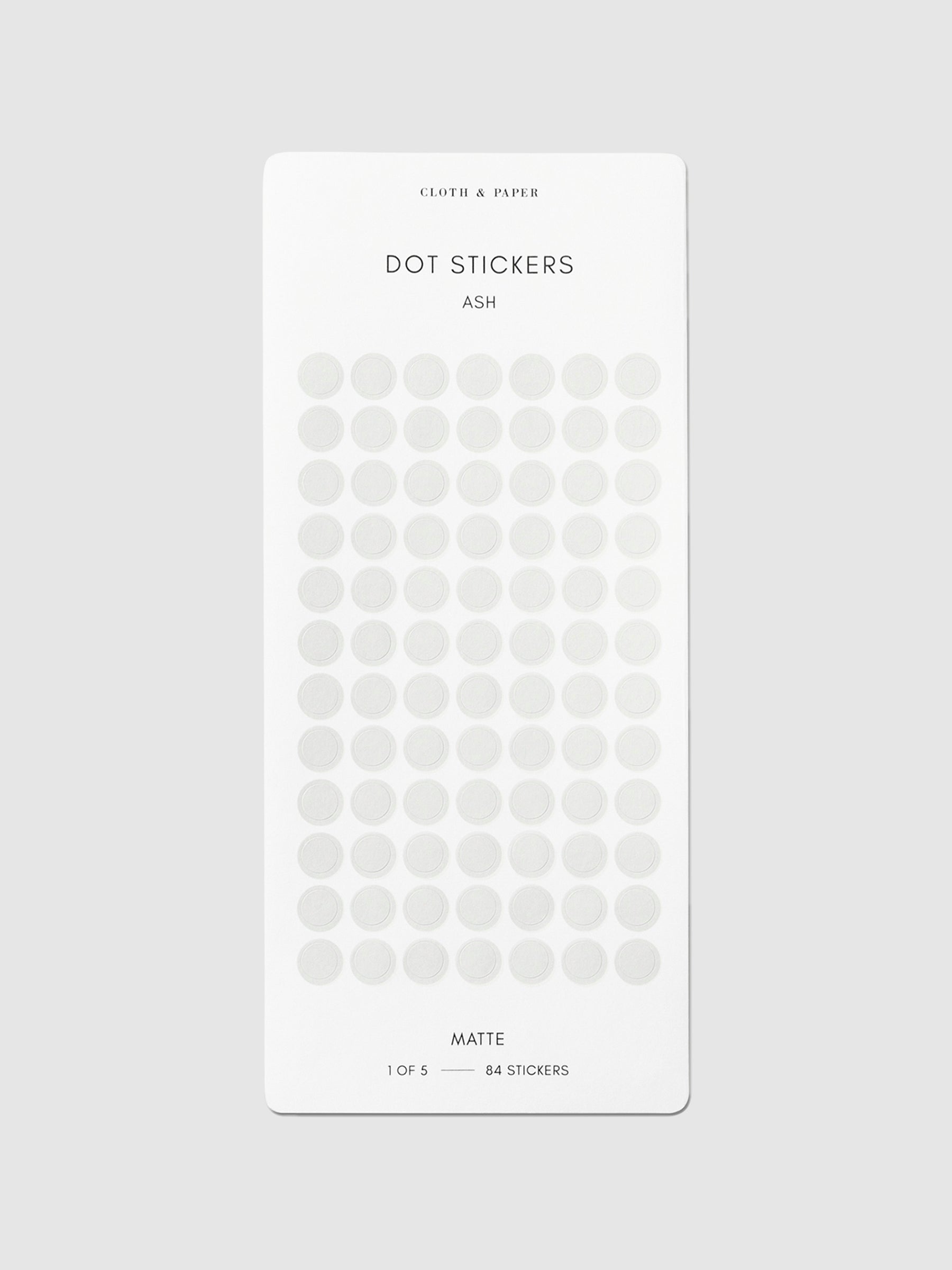 Minimal Shape Sticker Set, Matte, Dots, Cloth and Paper. Ash stickers shown in their packaging on a neutral background. Sticker size shown is small.