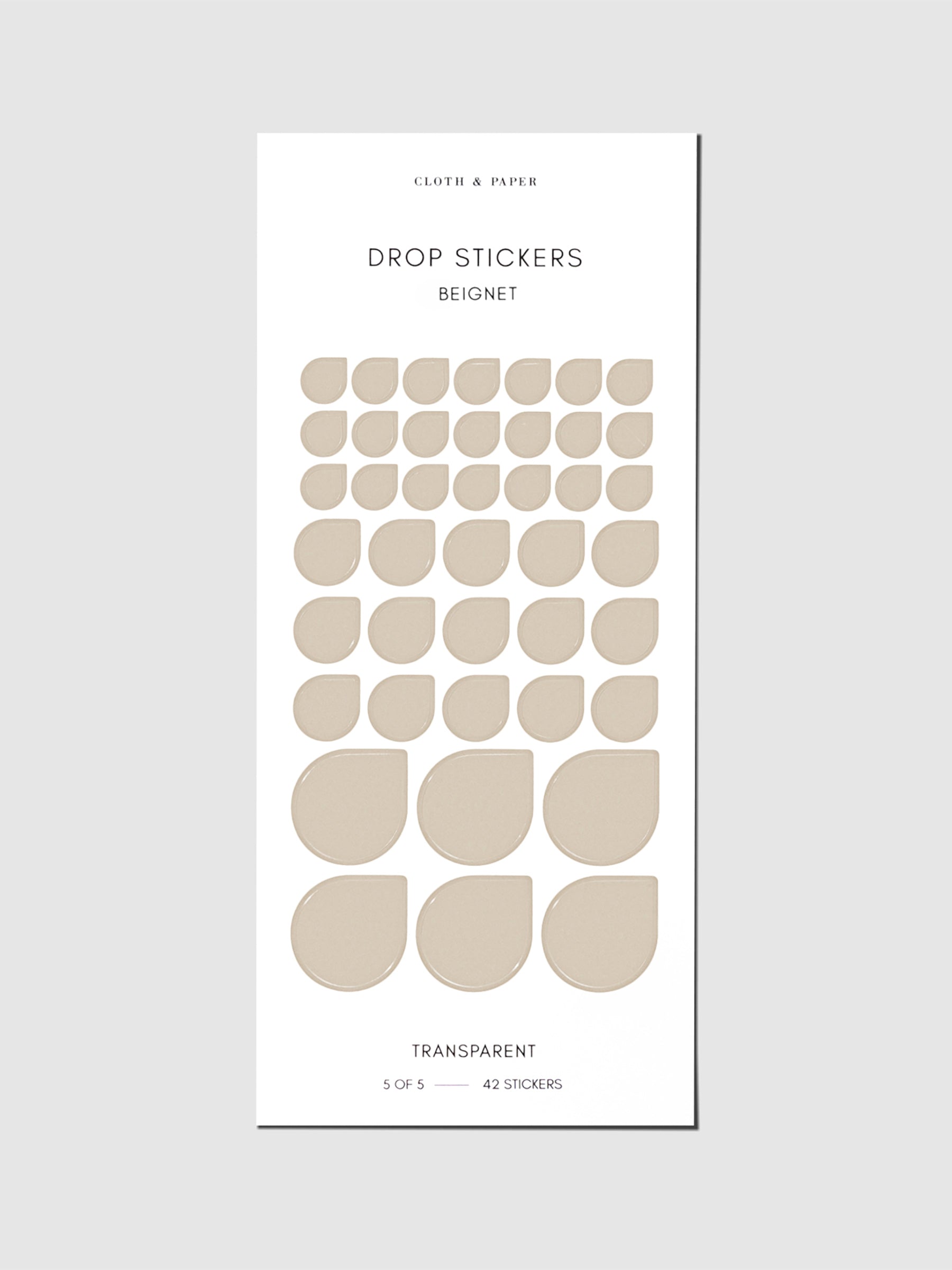 Sticker sheet displayed on a neutral background. Sticker sizes shown are mixed with small, medium, and large; color shown is Beignet.