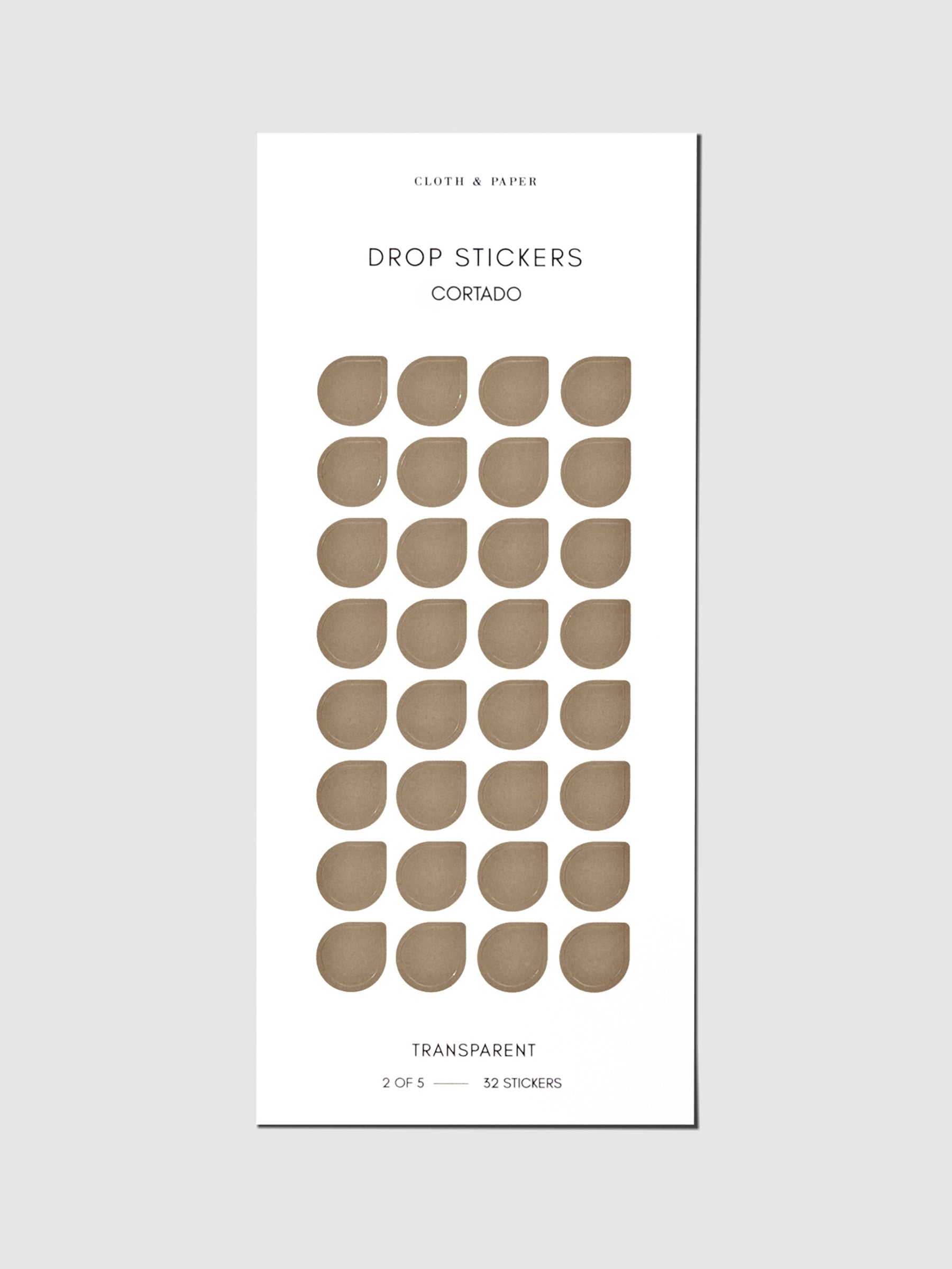 Sticker sheet displayed on a neutral background. Sticker size shown is medium, color shown is Cortado.