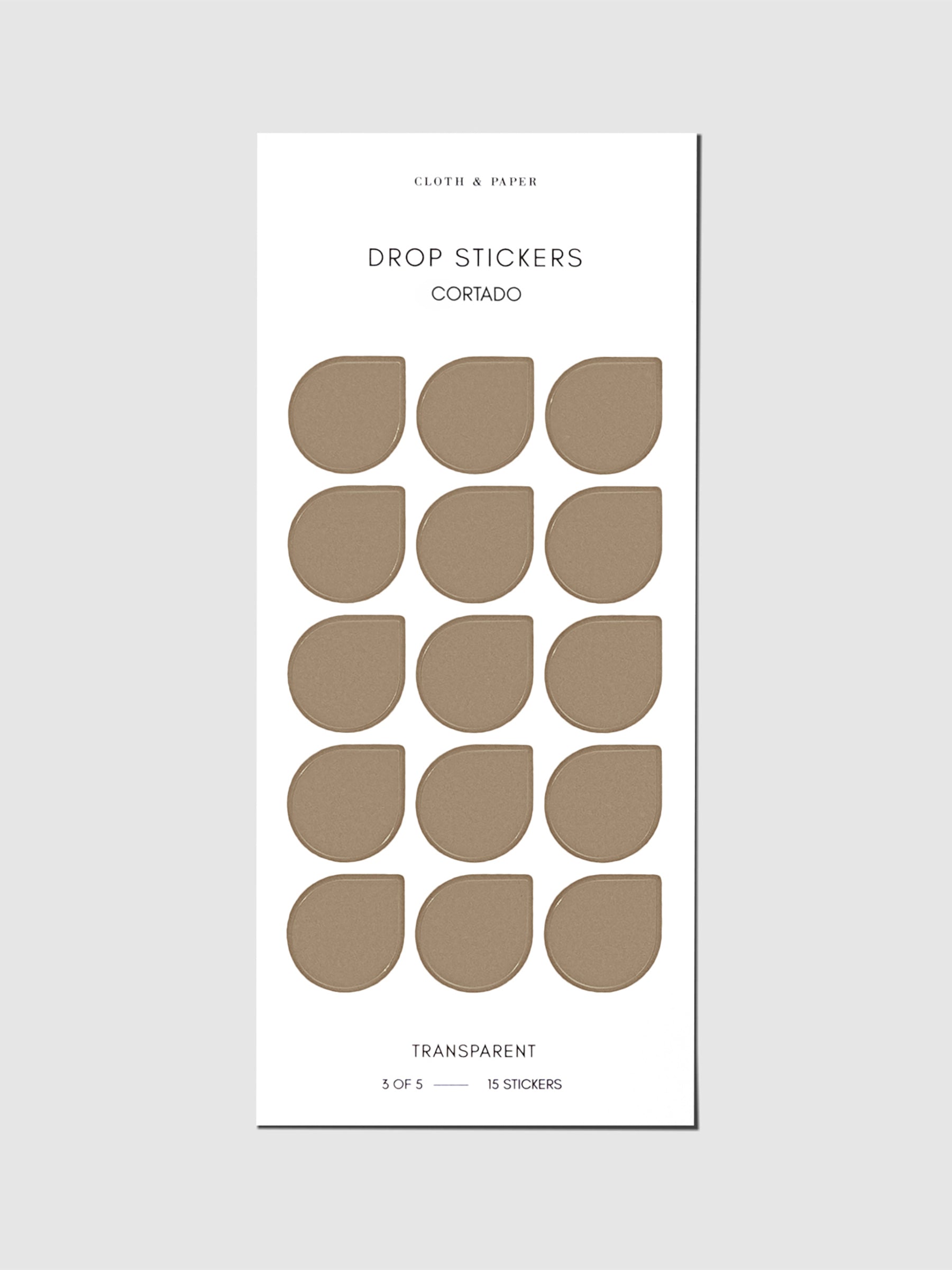 Sticker sheet displayed on a neutral background. Sticker size shown is large, color shown is Cortado.
