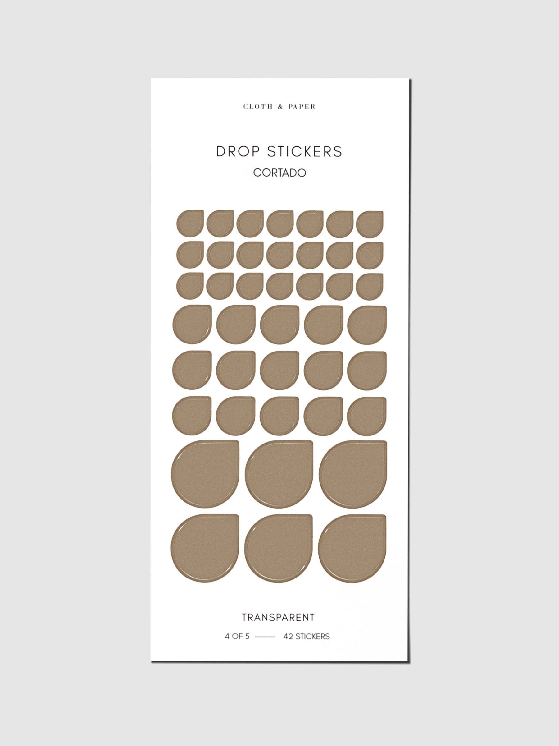 Sticker sheet displayed on a neutral background. Sticker sizes shown are mixed with small, medium, and large; color shown is Cortado.