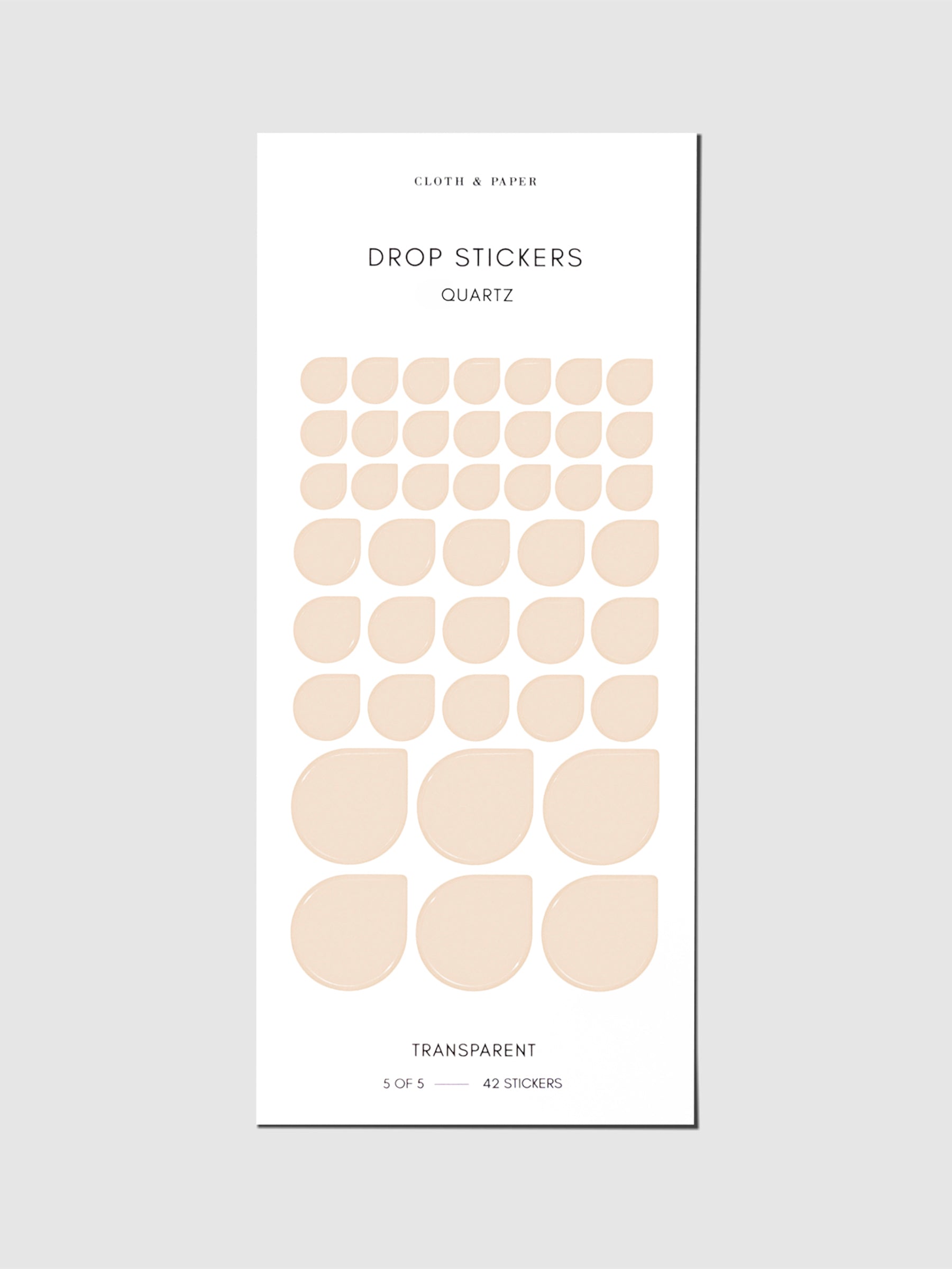Sticker sheet displayed on a neutral background. Sticker sizes shown are mixed with small, medium, and large; color shown is Quartz.