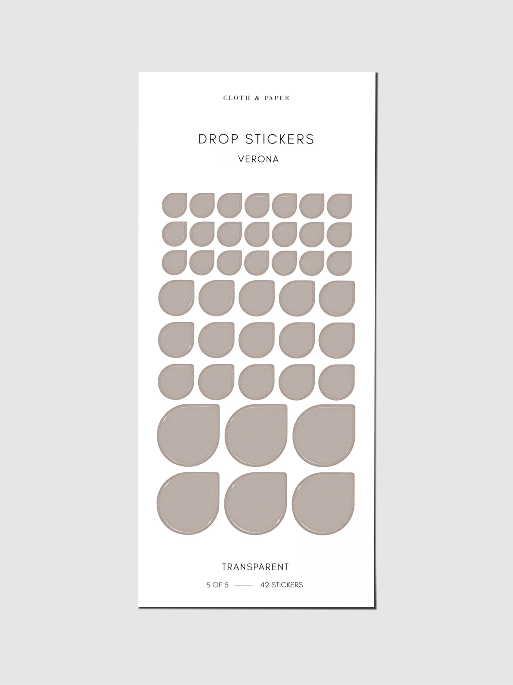Sticker sheet displayed on a neutral background. Sticker sizes shown are mixed with small, medium, and large; color shown is Verona.
