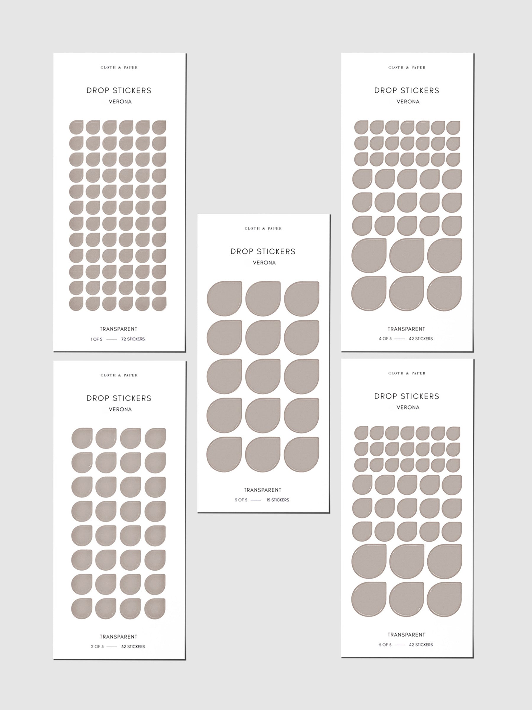 Set of five sticker sheets shown on a gray background. Color shown is Verona.