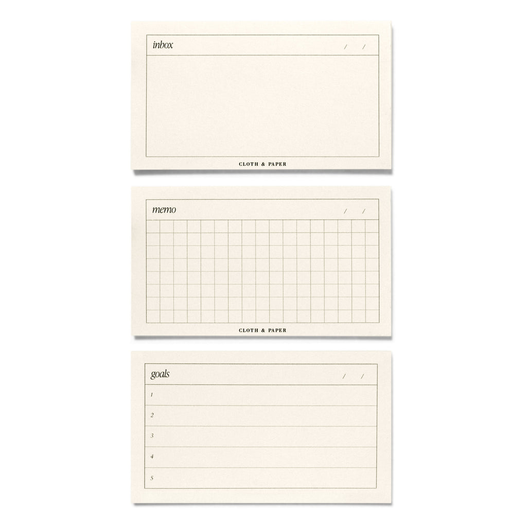 Minimal Task Card Set | Goals, Inbox & Memo, Cloth and Paper. Cards displayed on a white background.