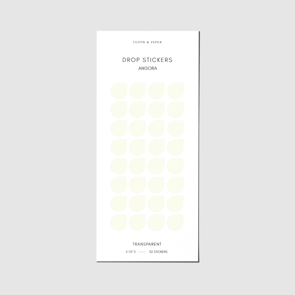 Sticker sheet displayed on a neutral background. Sticker size shown is medium, color shown is Angora.