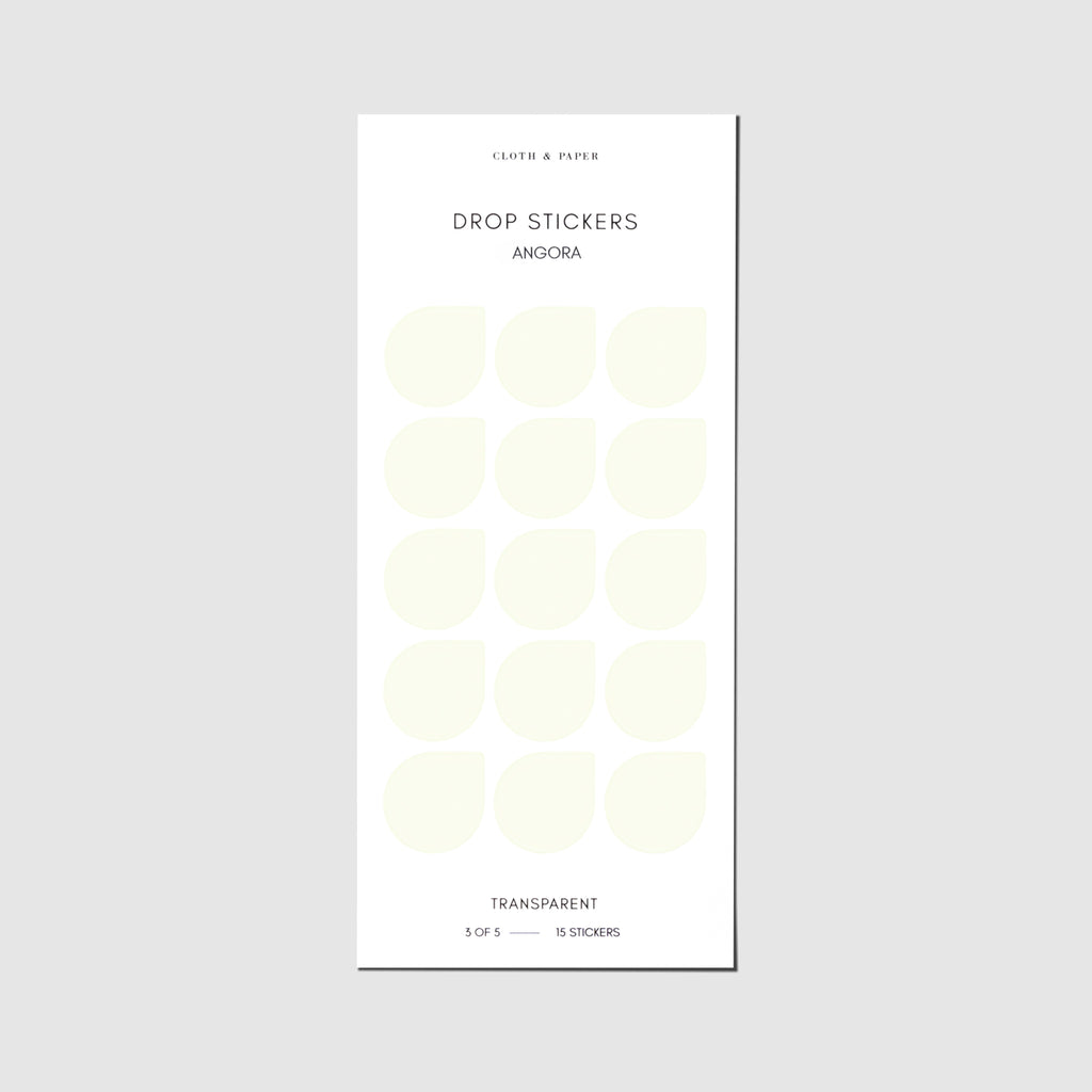 Sticker sheet displayed on a neutral background. Sticker size shown is large, color shown is Angora.