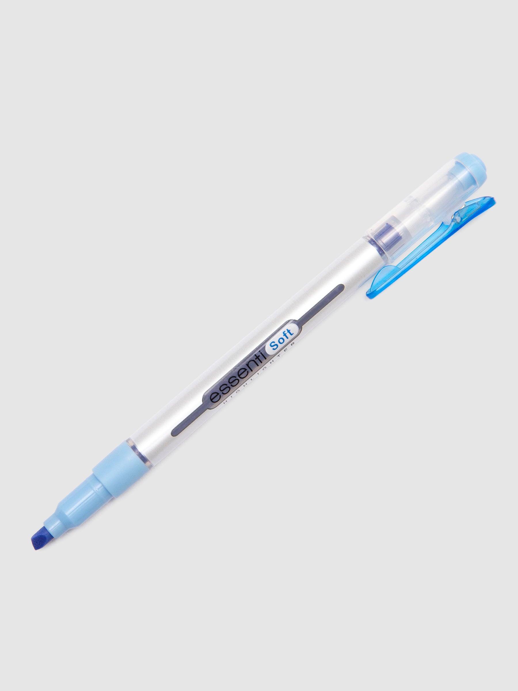 Monami Essenti Soft Highlighter, Pastel Blue, Cloth & Paper. Highlighter uncapped with cap posted to back turned to the right against a neutral background.