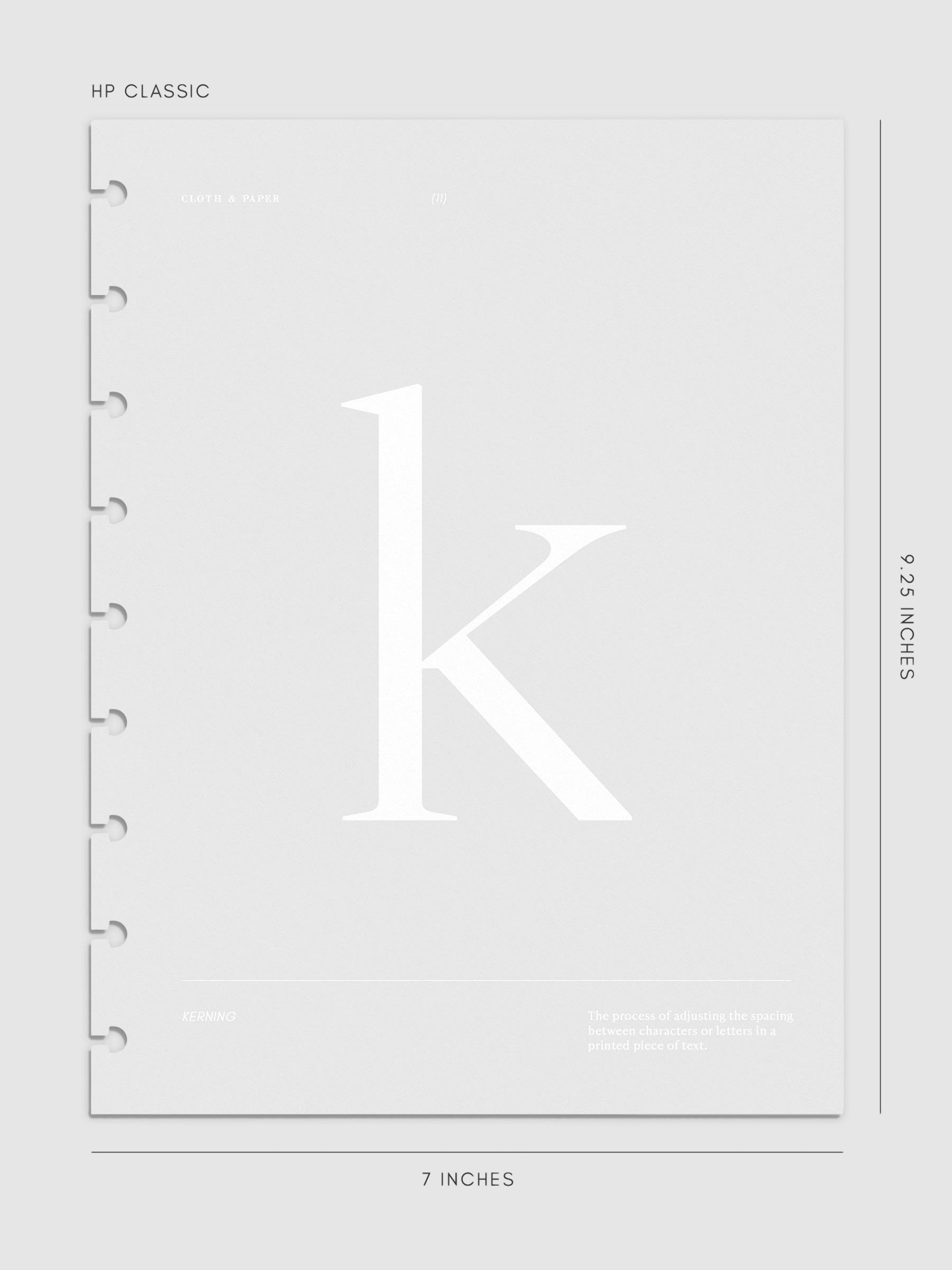 Monogram Vellum Planner Dashboard K in HP Classic displayed on a neutral background. 