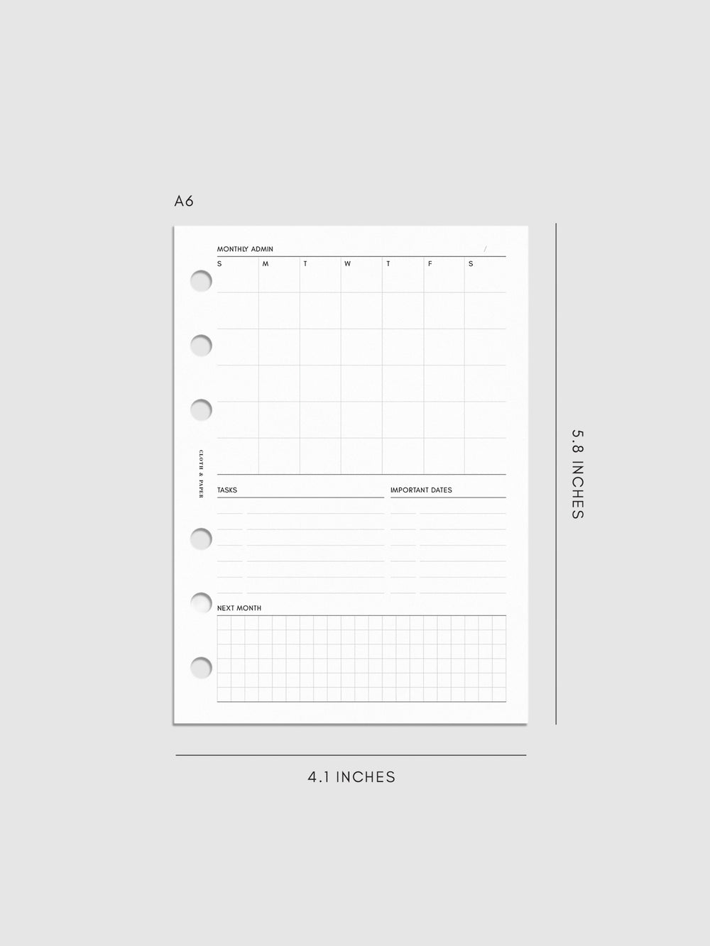 Monthly Admin Planner Inserts | Sunday Start | Cloth & Paper