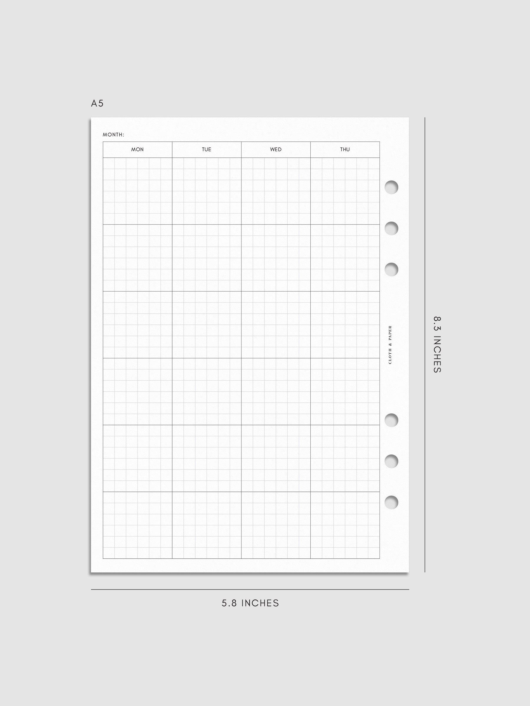 One page of Monthly Graph Planner Inserts in size A5 with graph note style calendar.