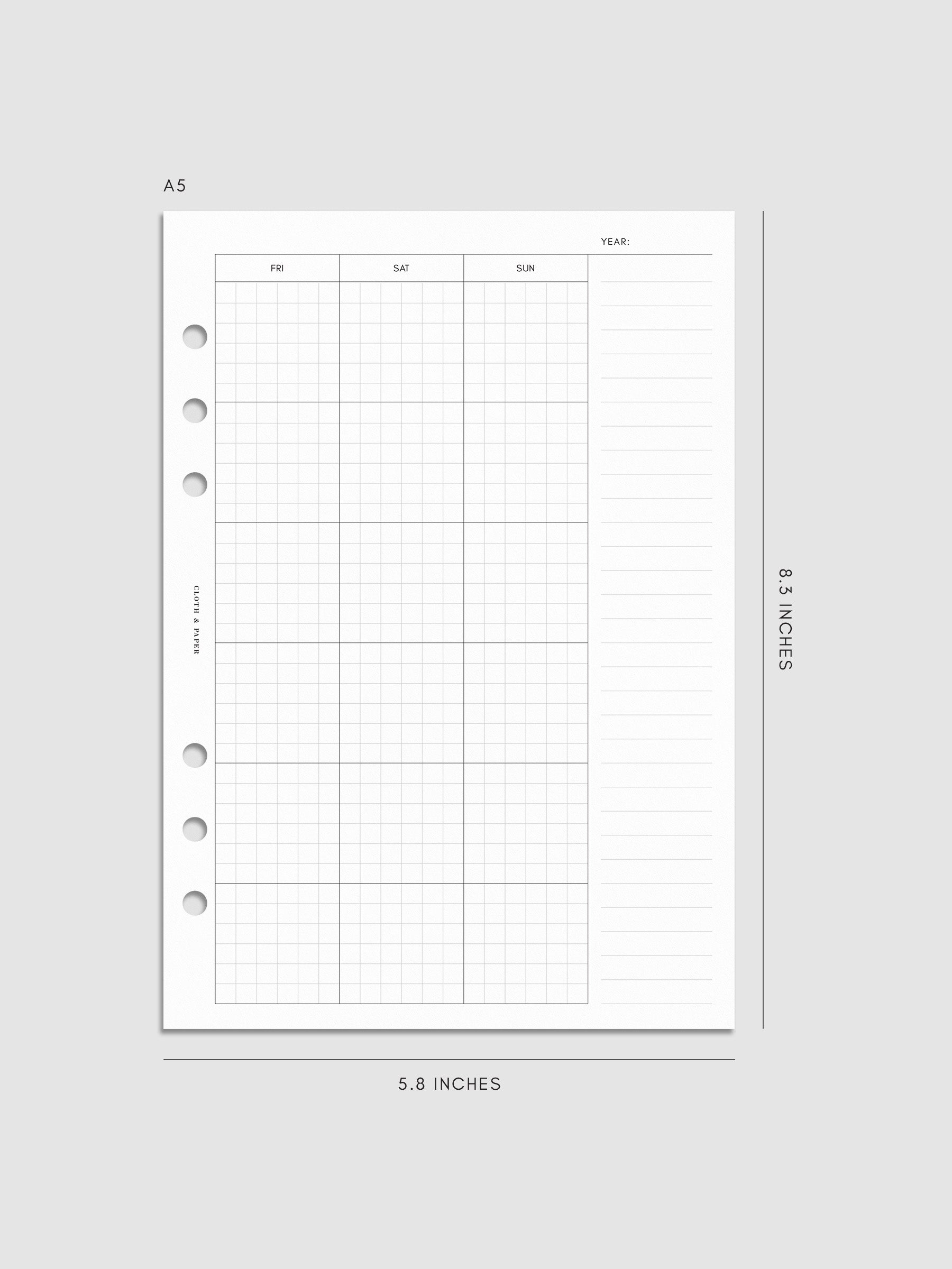 One page of Monthly Graph Planner Inserts in size A5 with graph note style calendar and a lined notes section.