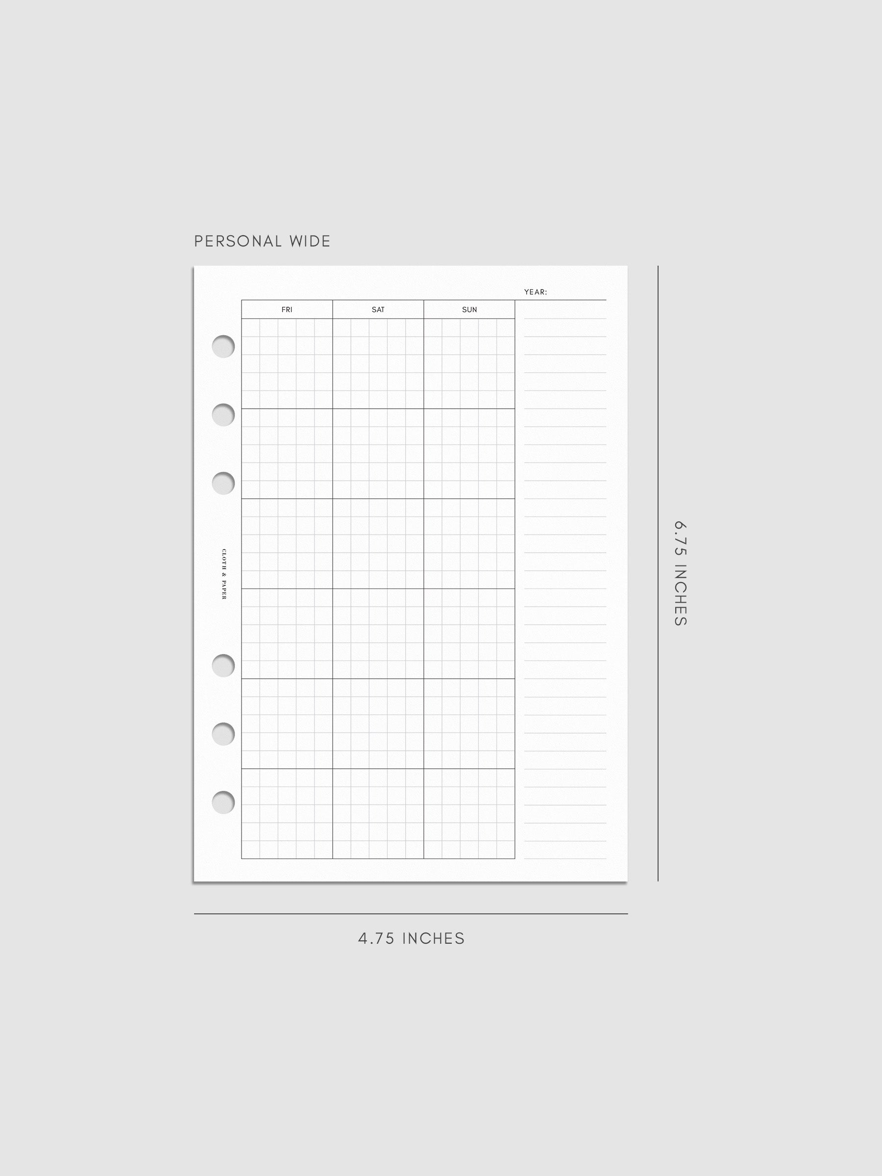 One page of Monthly Graph Planner Inserts in size Personal Wide with graph note style calendar and a lined notes section.