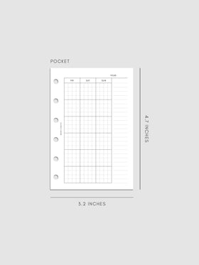 One page of Monthly Graph Planner Inserts in size Pocket with graph note style calendar and a lined notes section.