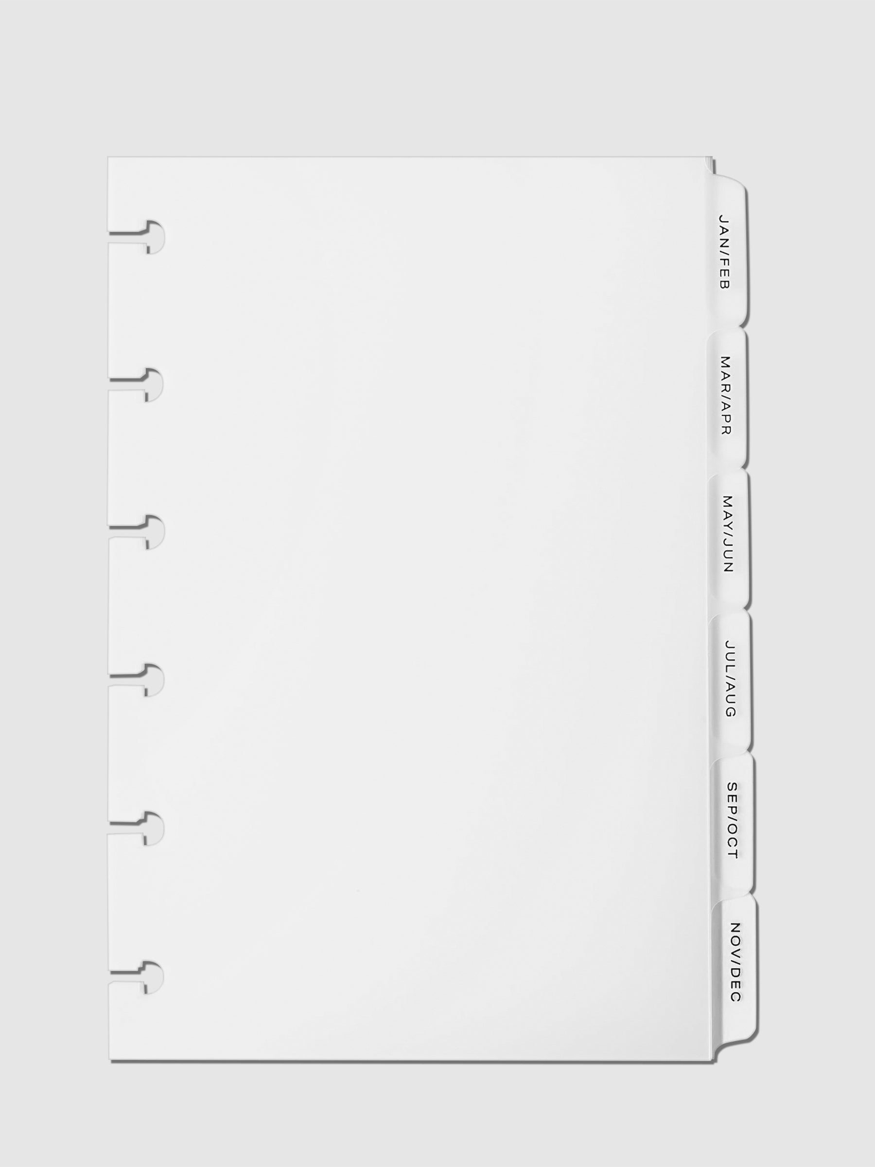 Monthly Side Tab Planner Dividers, Low Profile, Matte. Black foil tabs displayed on a neutral background.