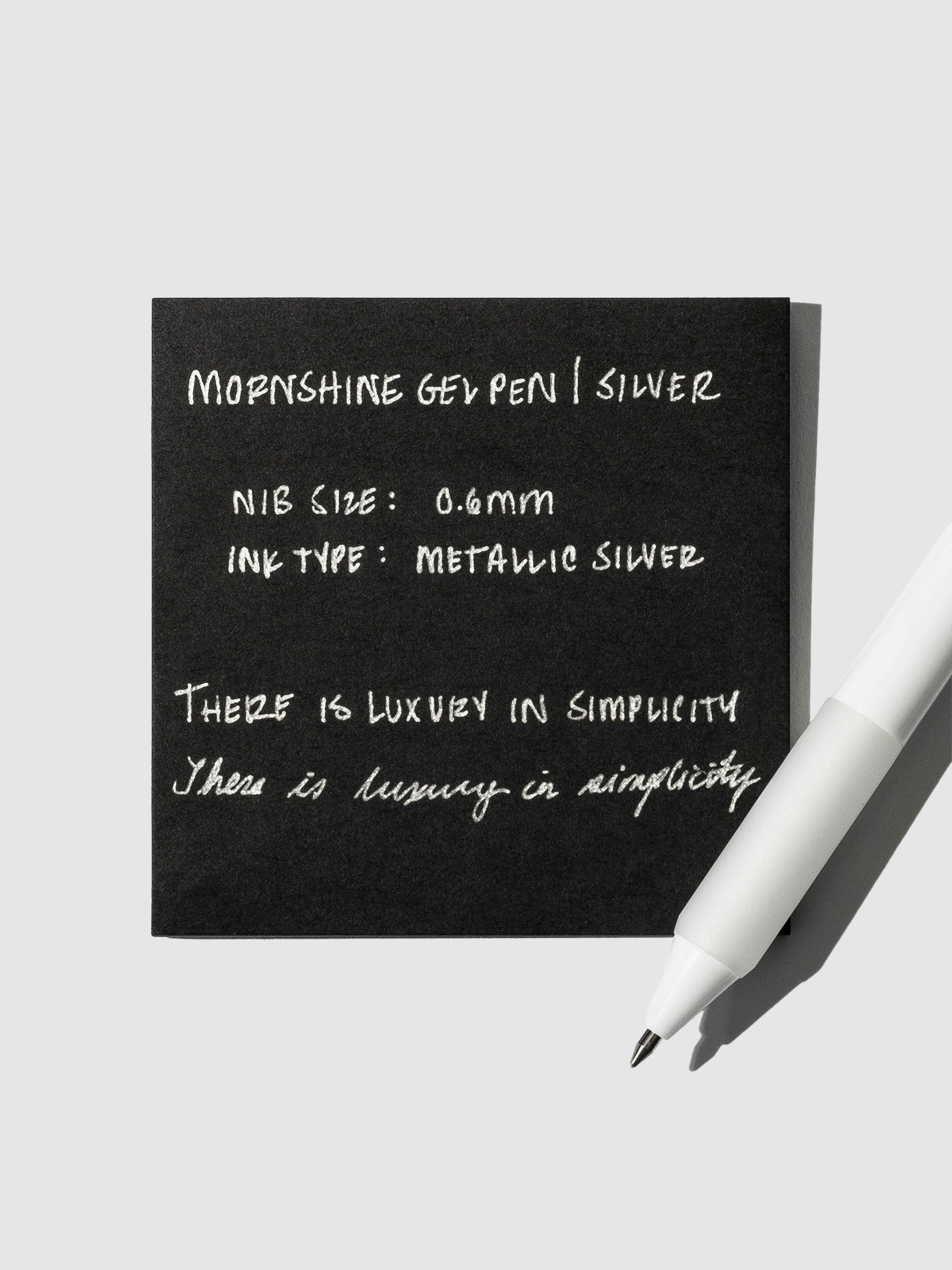 Mornshine Gel Pen, Silver, Cloth and Paper. Pen displayed on a neutral background.
