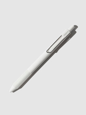 Mornshine Gel Pen, White, Cloth and Paper. Pen displayed on a neutral background.