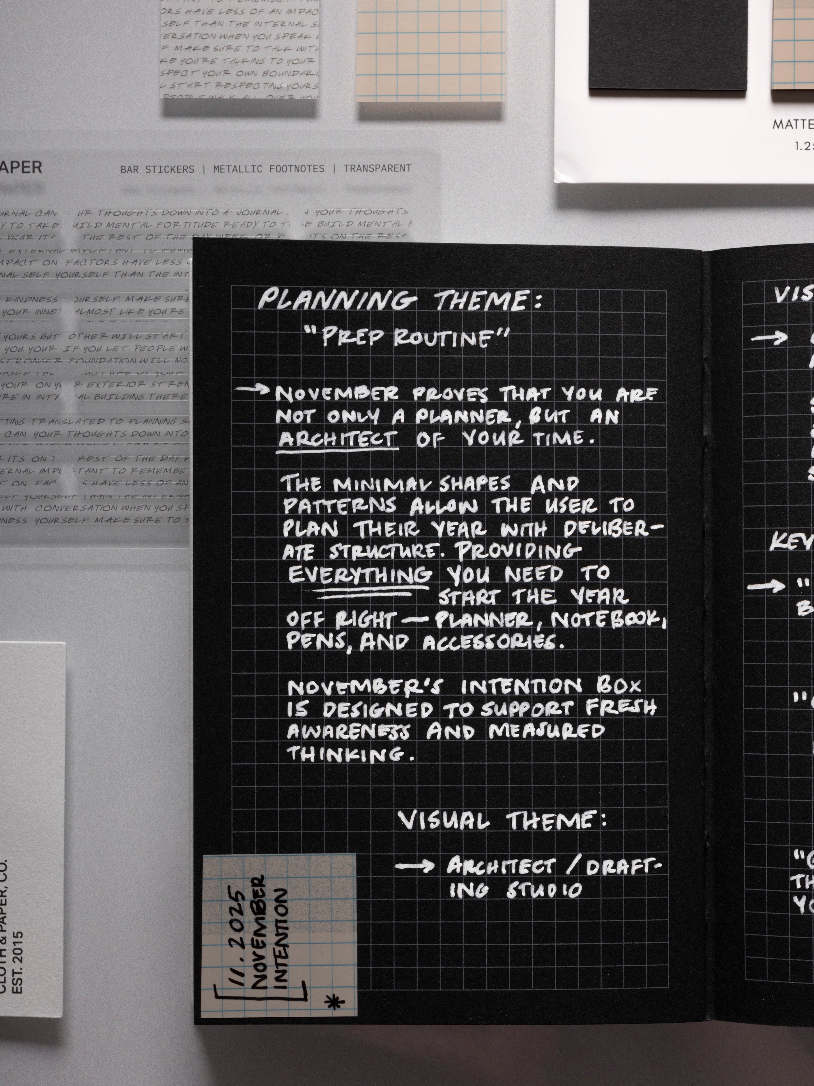 Inverted Graph Notebook in CP Petite shown open with handwritten notes in white ink.