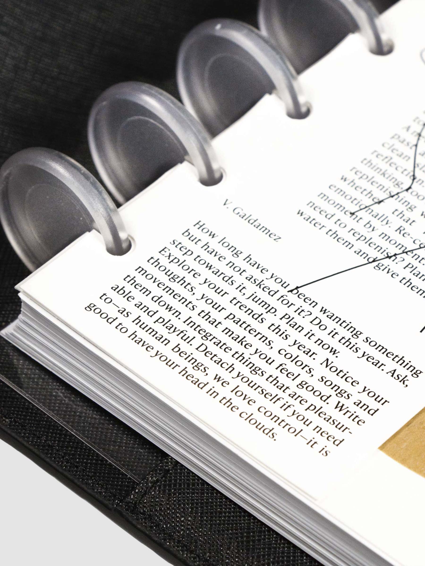Close up on bottom left corner of dashboard styled inside a discbound planner and black leather planner cover. Text from prose written by V. Galdamez is in focus.