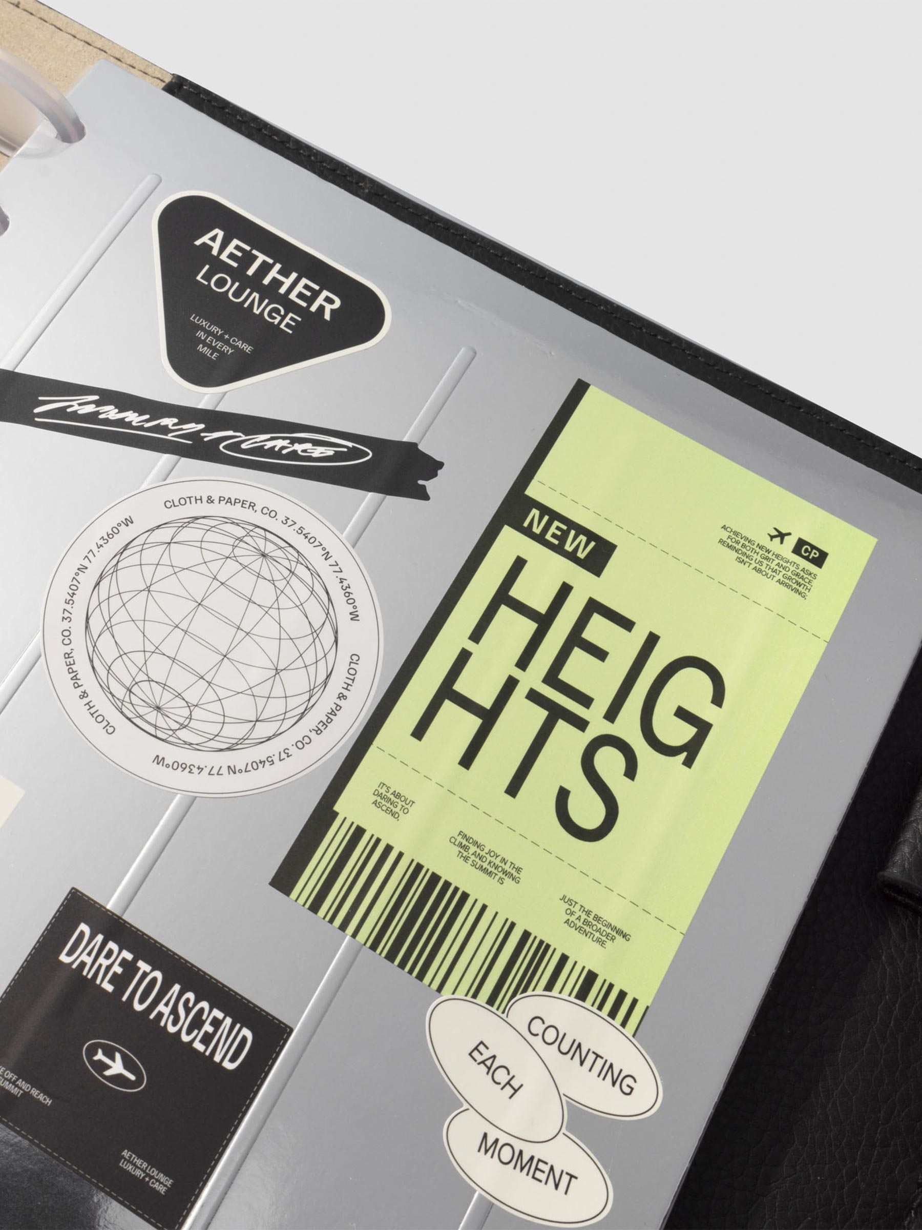 Closeup of dashboard in a black leather planner displayed on a neutral background. Size shown is HP Classic.