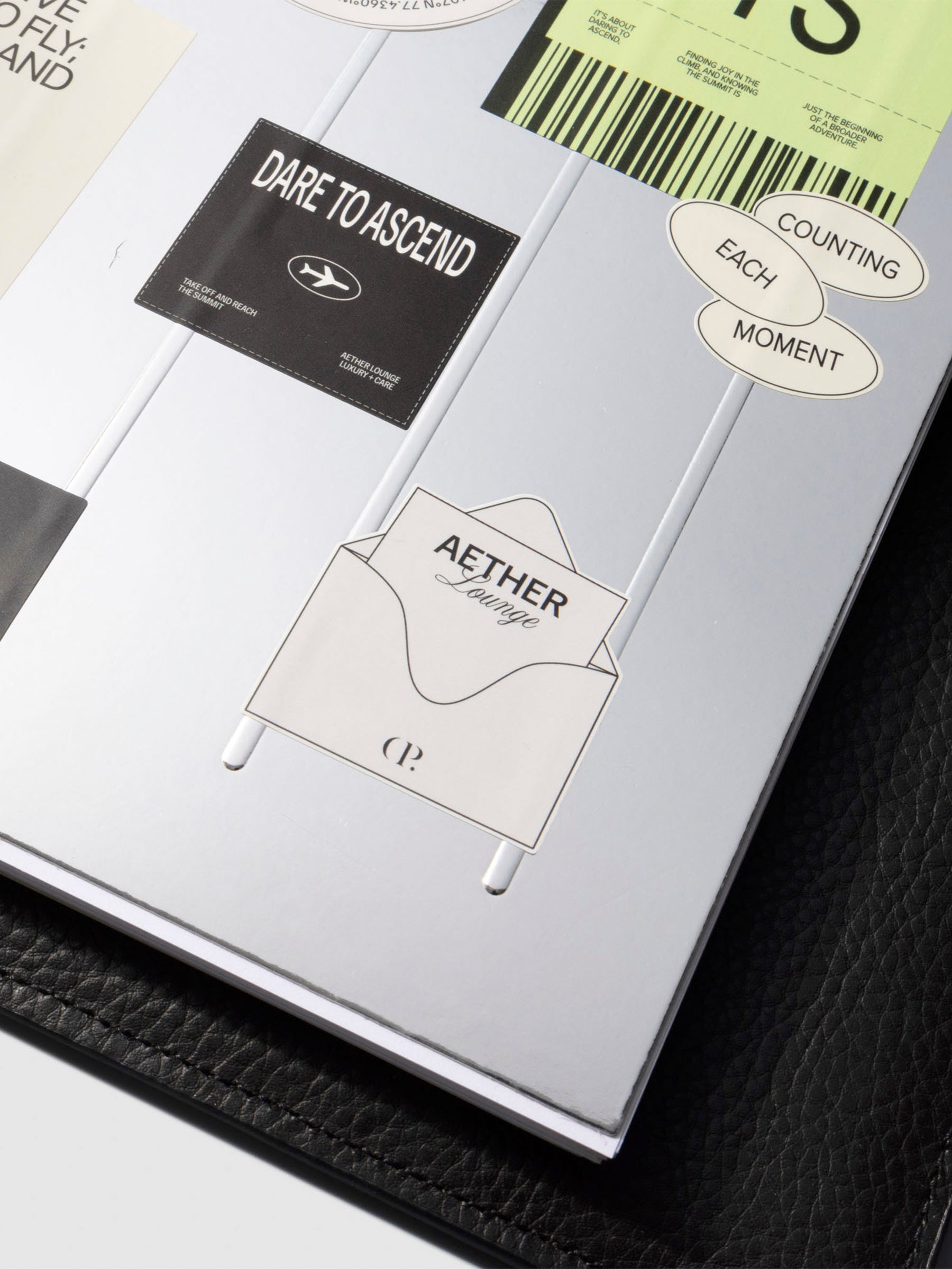 Closeup of dashboard in a black leather planner displayed on a neutral background. Size shown is HP Classic.