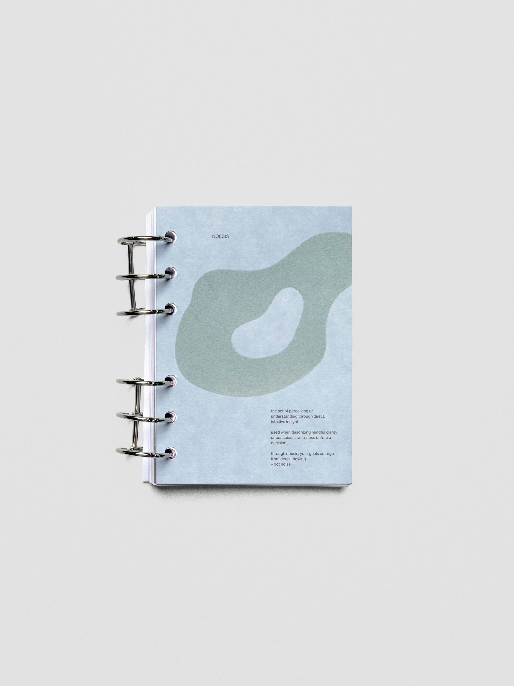 Blue speckle cardstock planner dashboard with organic shape design flocked in blue-green with text design shown in A6 size with ring binding.