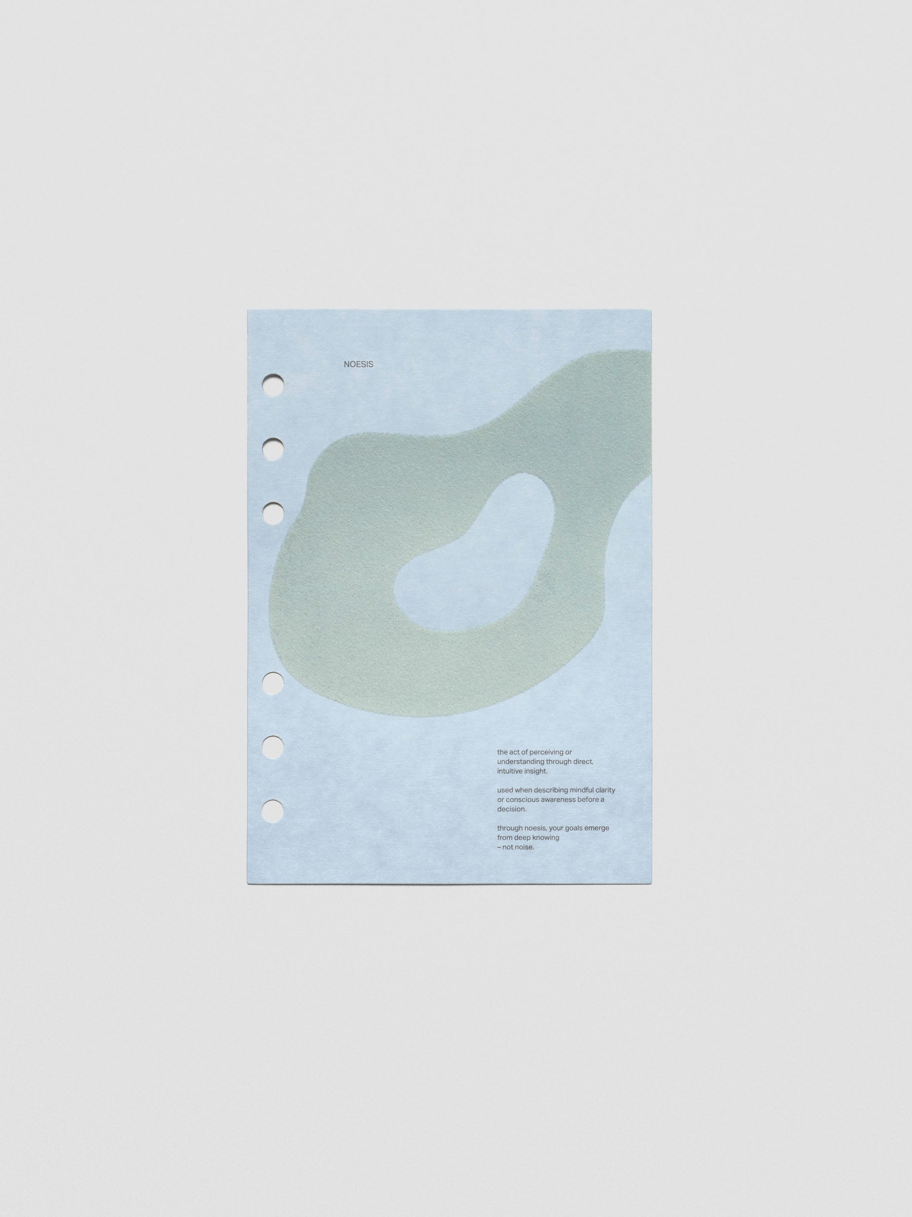 Blue speckle cardstock planner dashboard with organic shape design flocked in blue-green with text design shown in Personal Wide size.