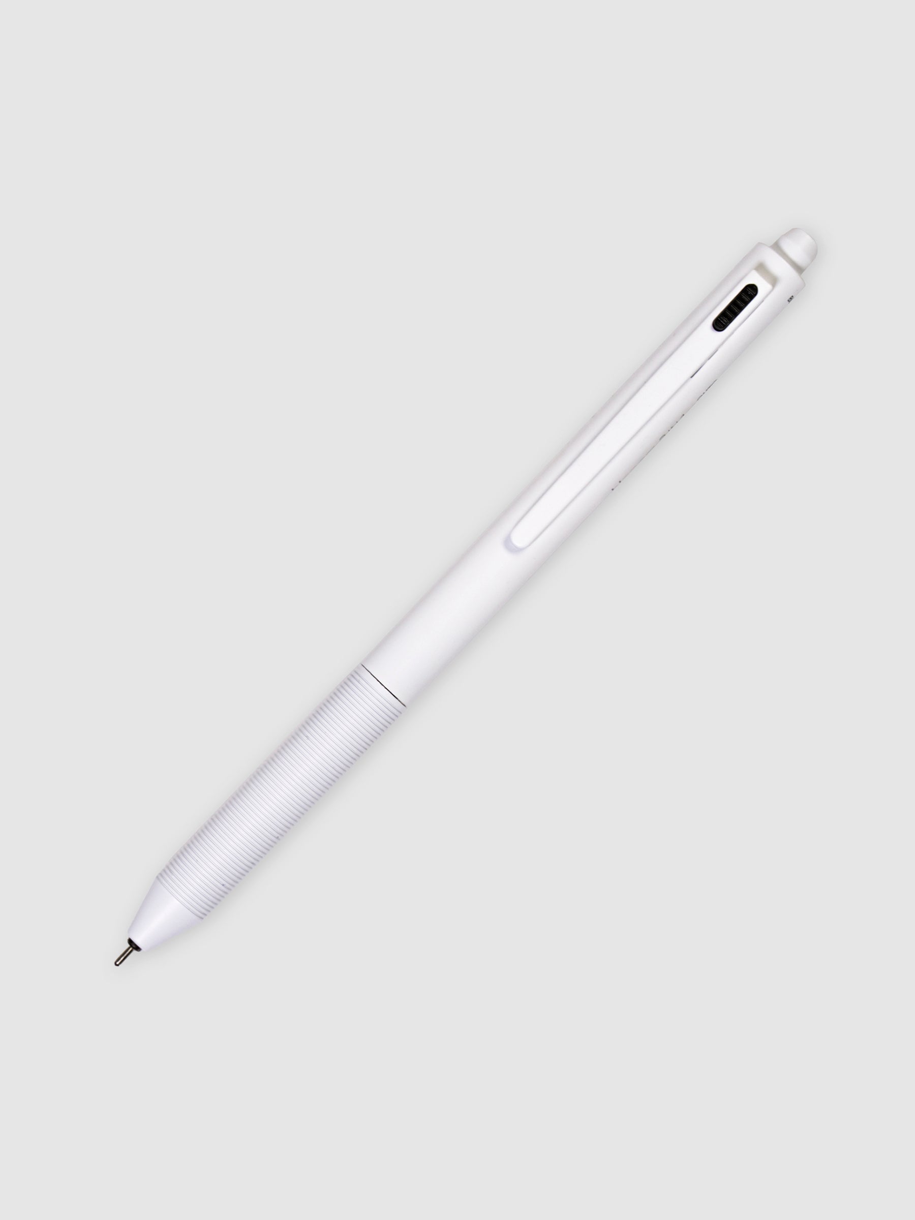 Ohto Blooom 3 in 1 Multi Pen, Cloth and Paper. White pen turned to the right against a neutral background.