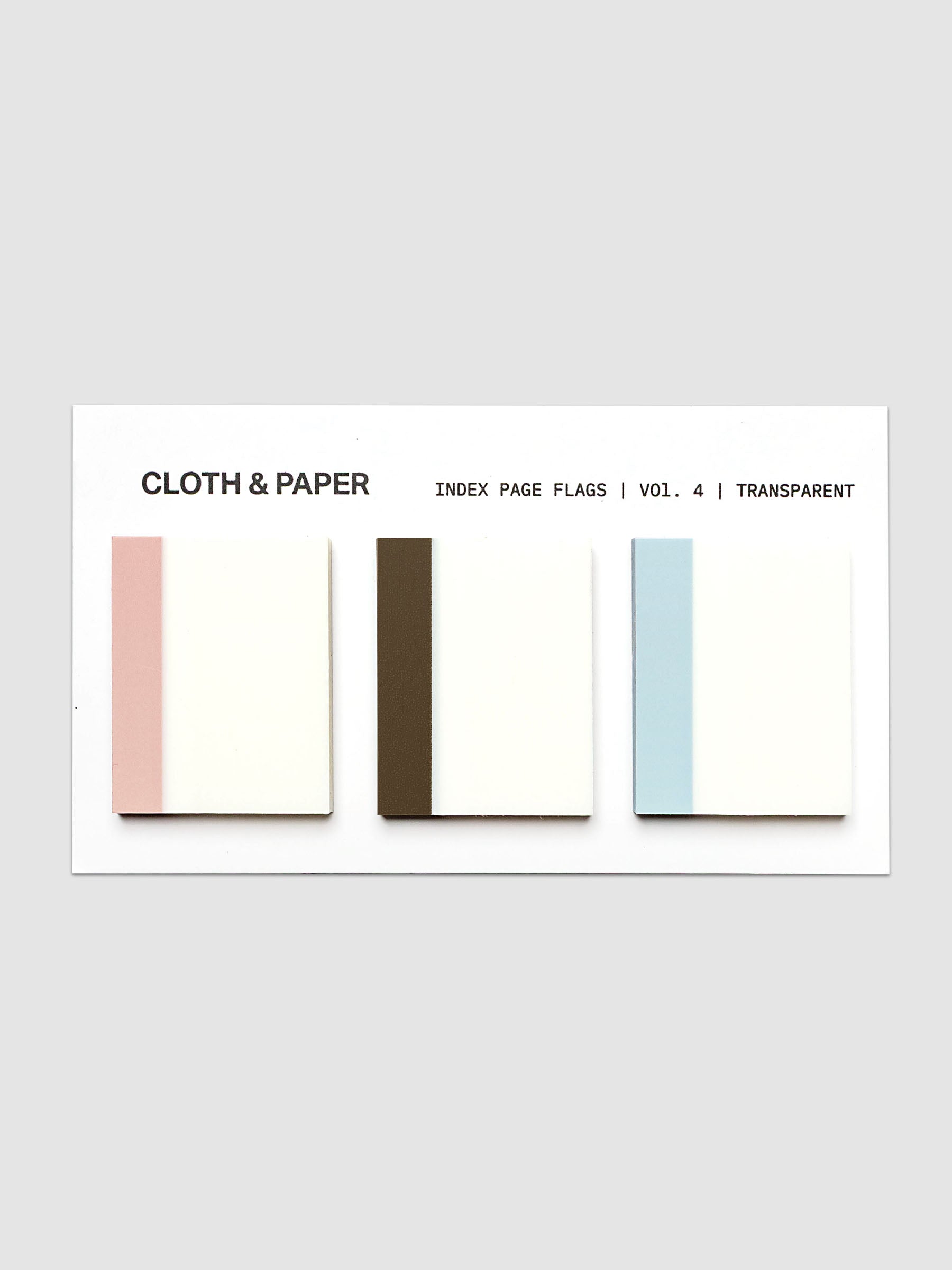 Index Page Flags shown on their backing card in pink, brown, and light blue against a neutral background.