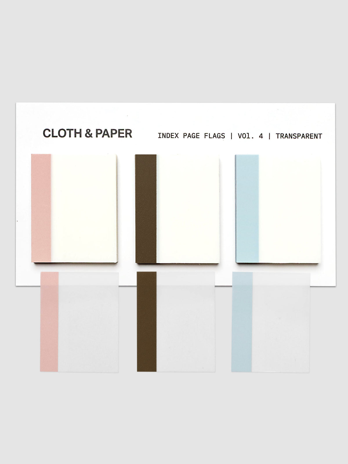 Index Page Flags shown on their backing card in pink, brown, and light blue, with one flag of each color placed below the card to show the transparent writing area.