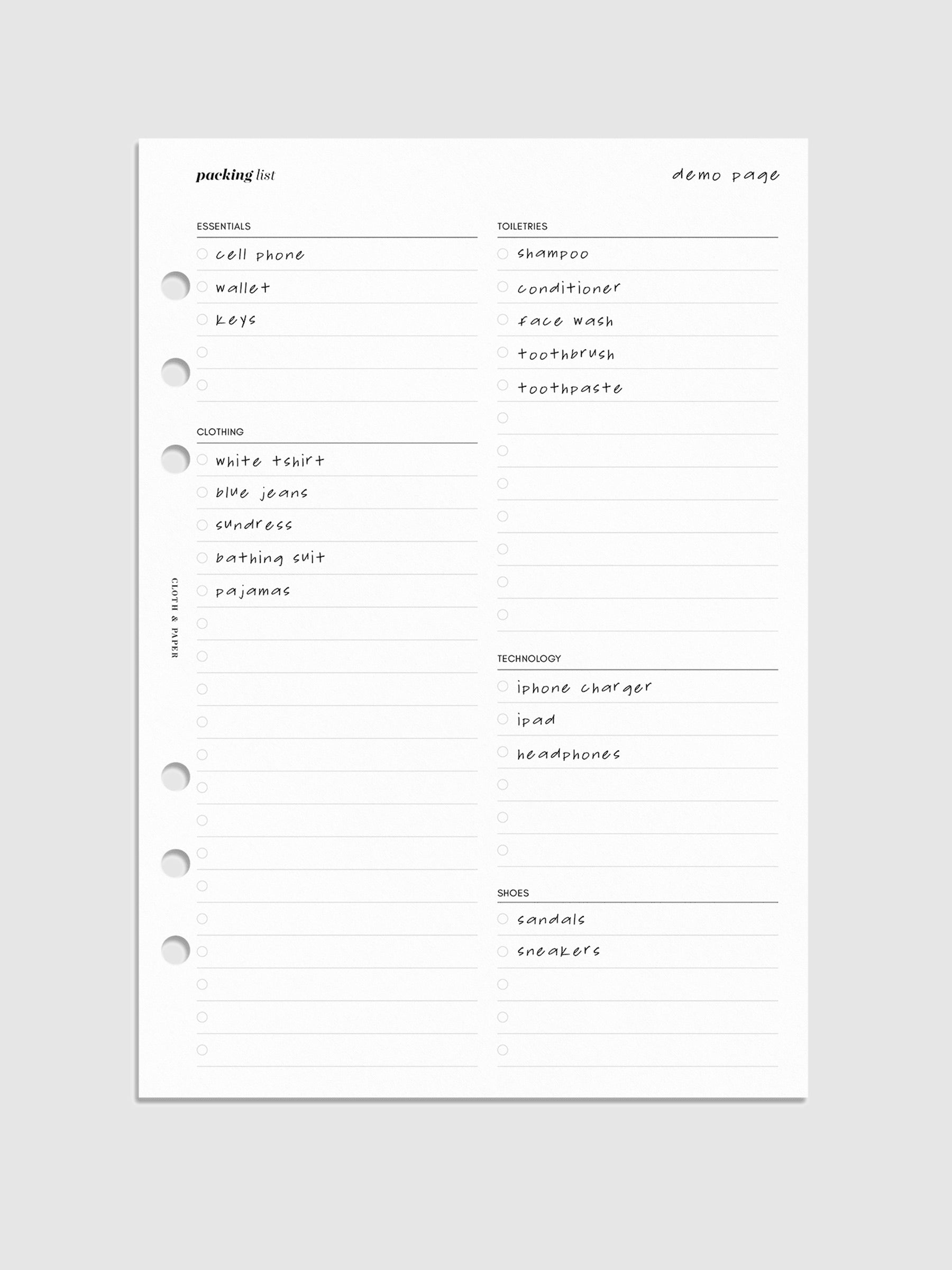 Packing List Inserts. Mockup of insert in A5.