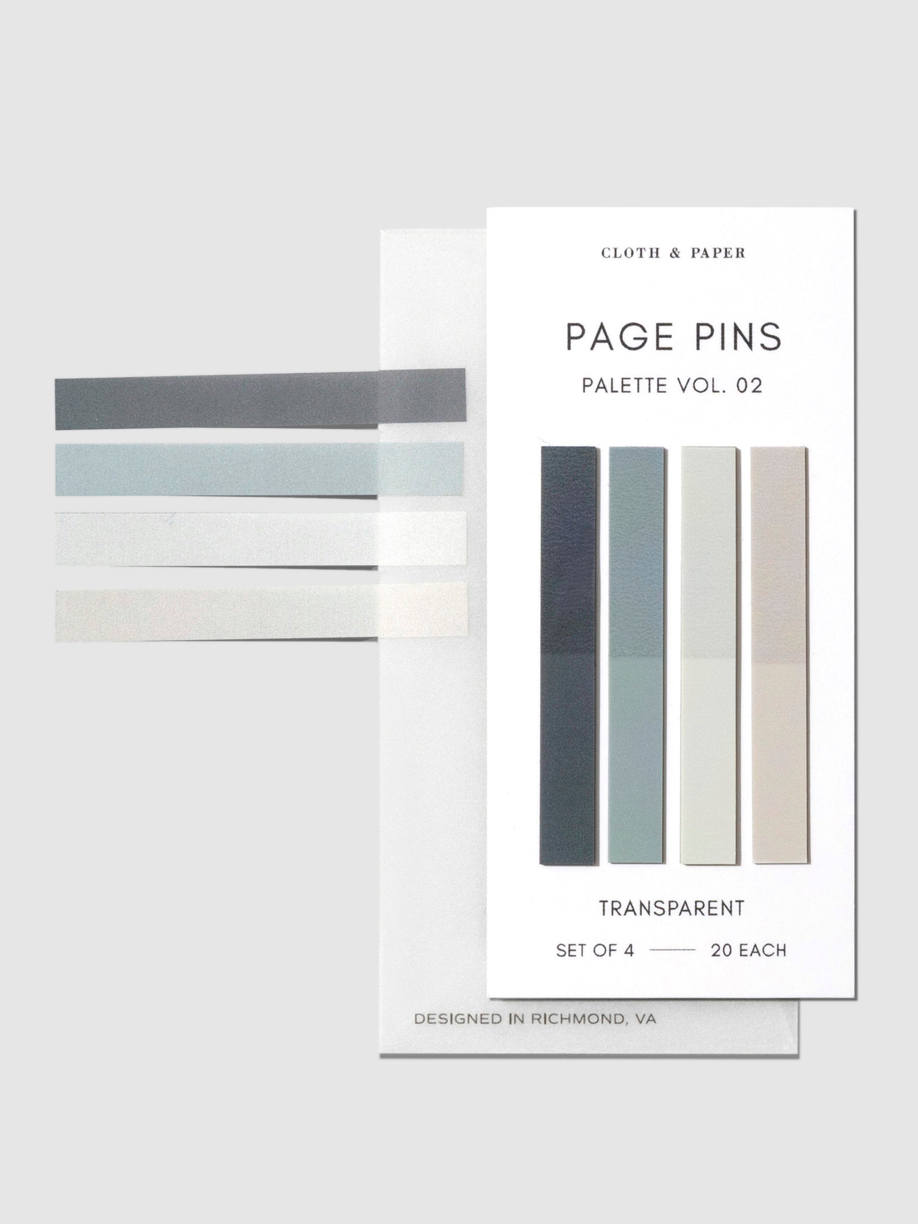 Page Pins Palette Vol. 02, there are 4 colors of page pins on a white backing. Page pins on their backing with one of each color removed and placed on the side of the backing to show their transparency and are displayed on a light gray background