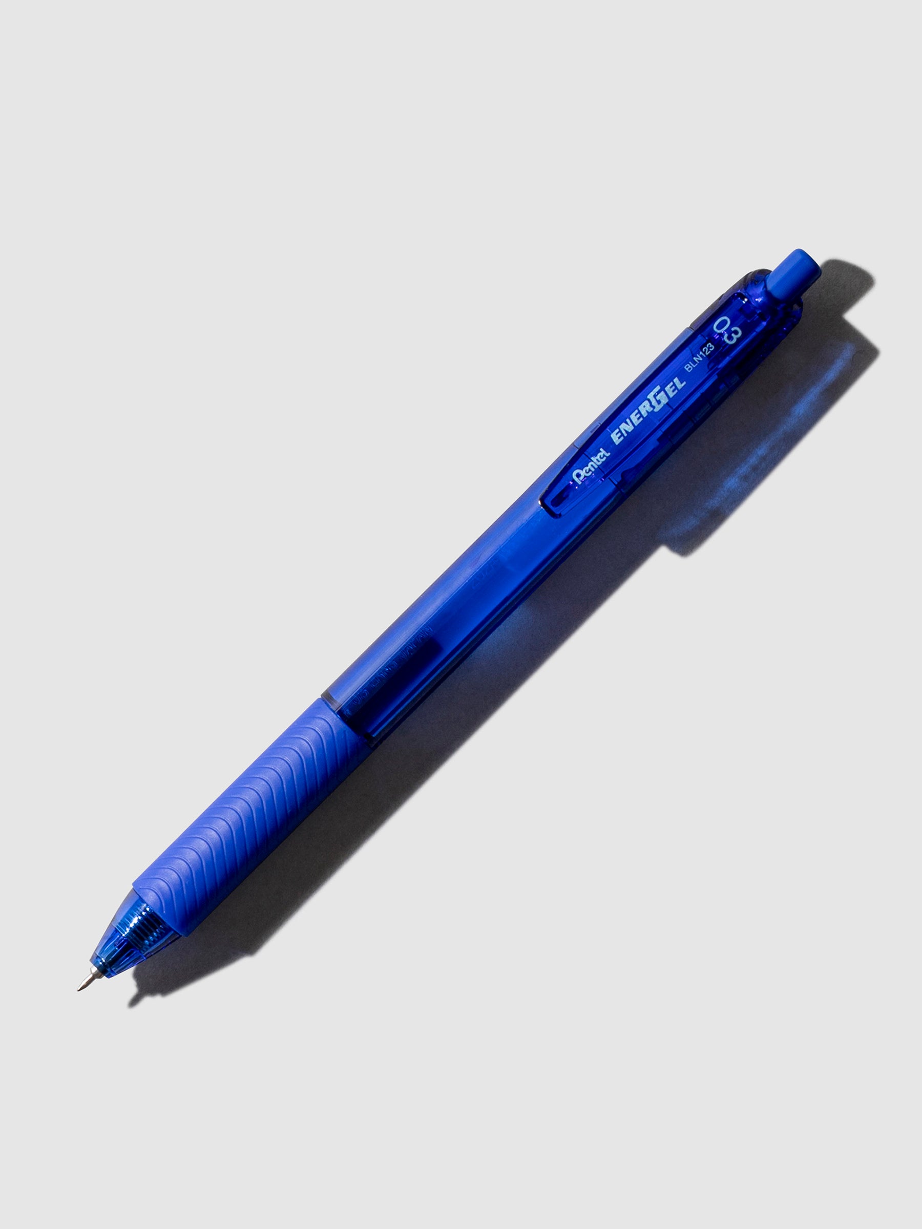 Blue Pentel EnergelS Gelpen displayed on a neutral background.