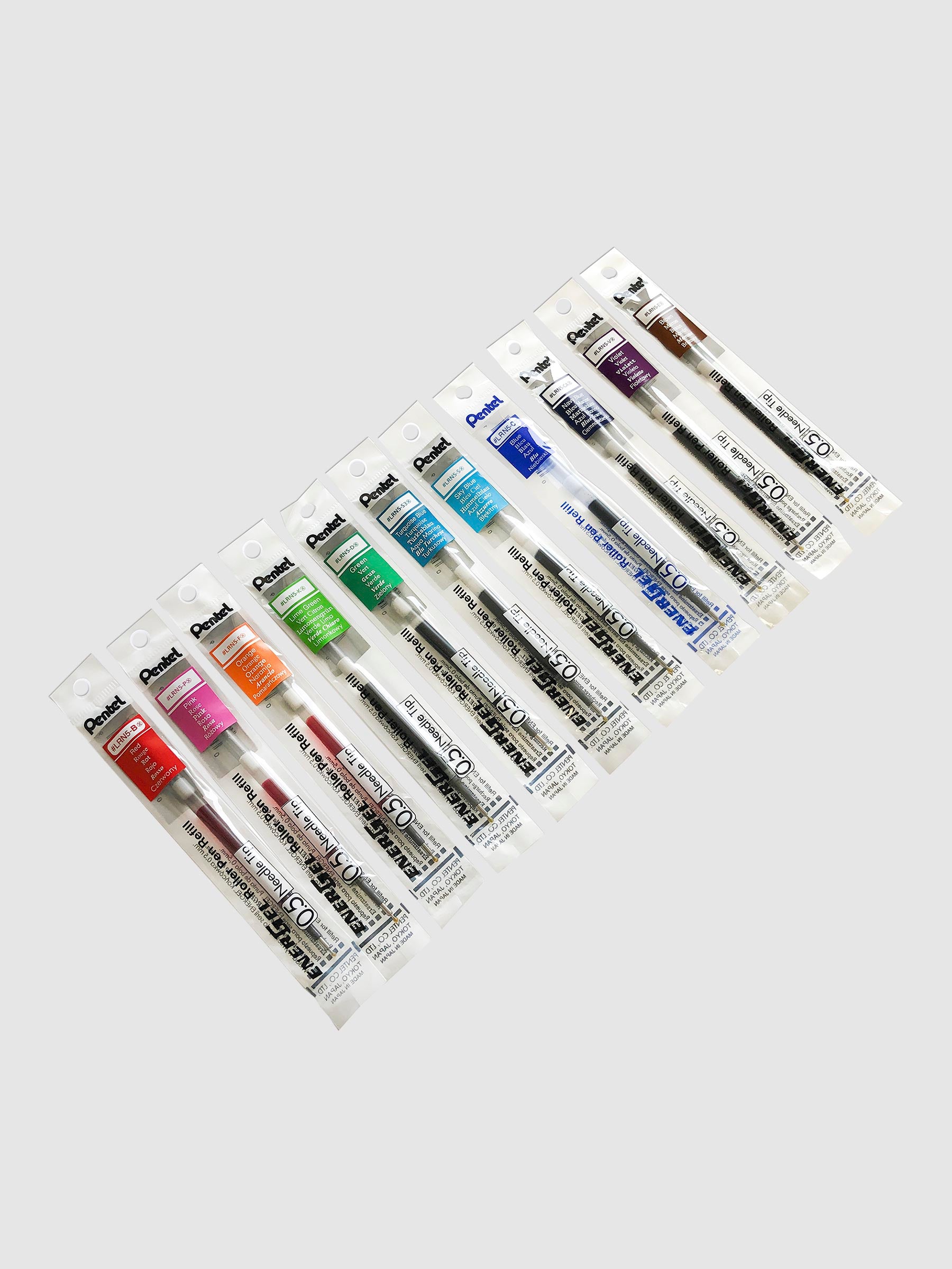 Pentel Energel Refill, Cloth and Paper. Eleven colors of pen refills arranged side by side and tilted horizontally on a neutral background.