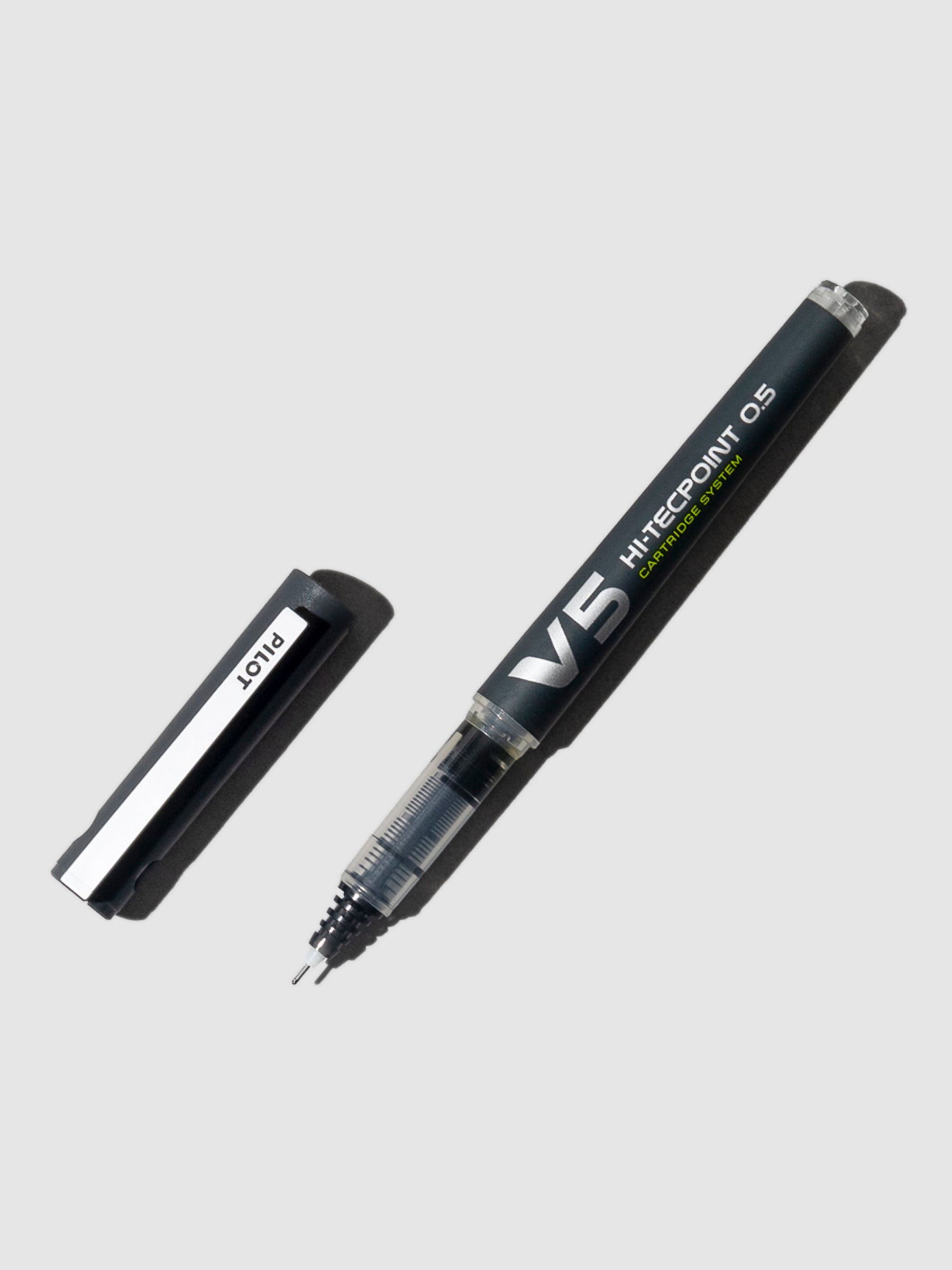 Image shows a black gel pen with the cap removed.