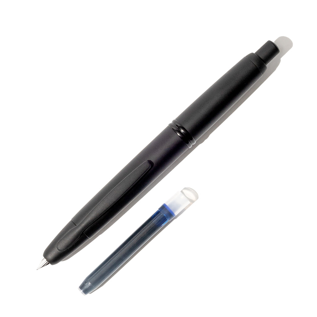 Pilot Vanishing Point fountain pen displayed next to a blue black ink cartridge on a white background.