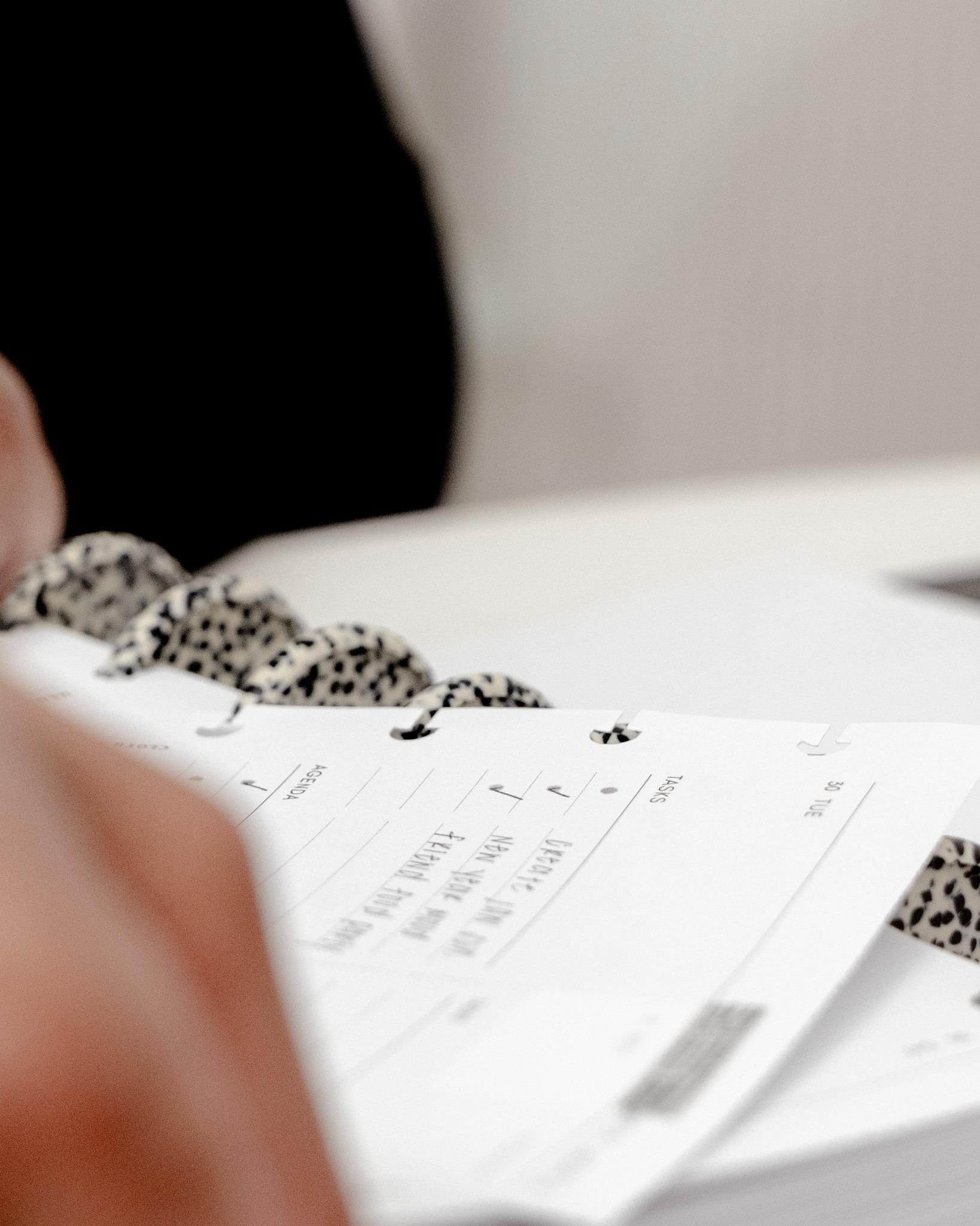 Close-up view of speckled planner discs holding lined planning pages, with handwritten notes visible