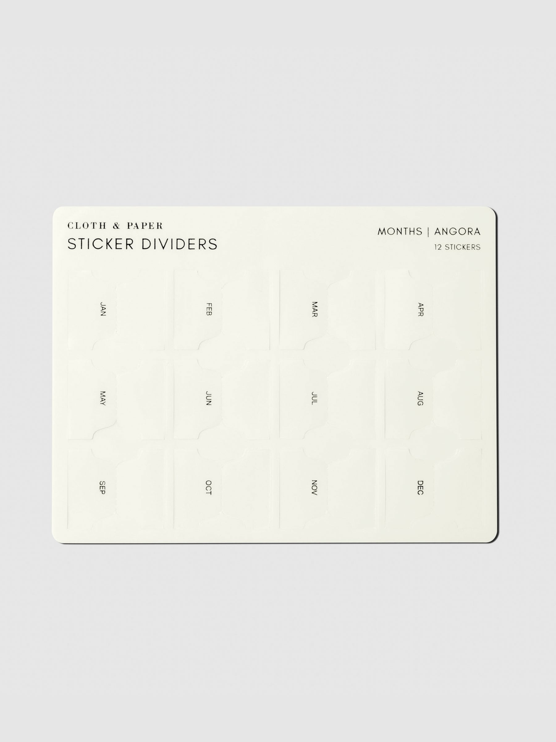 Sticker sheet displayed on a neutral background. Design shown is Months in the color Angora.