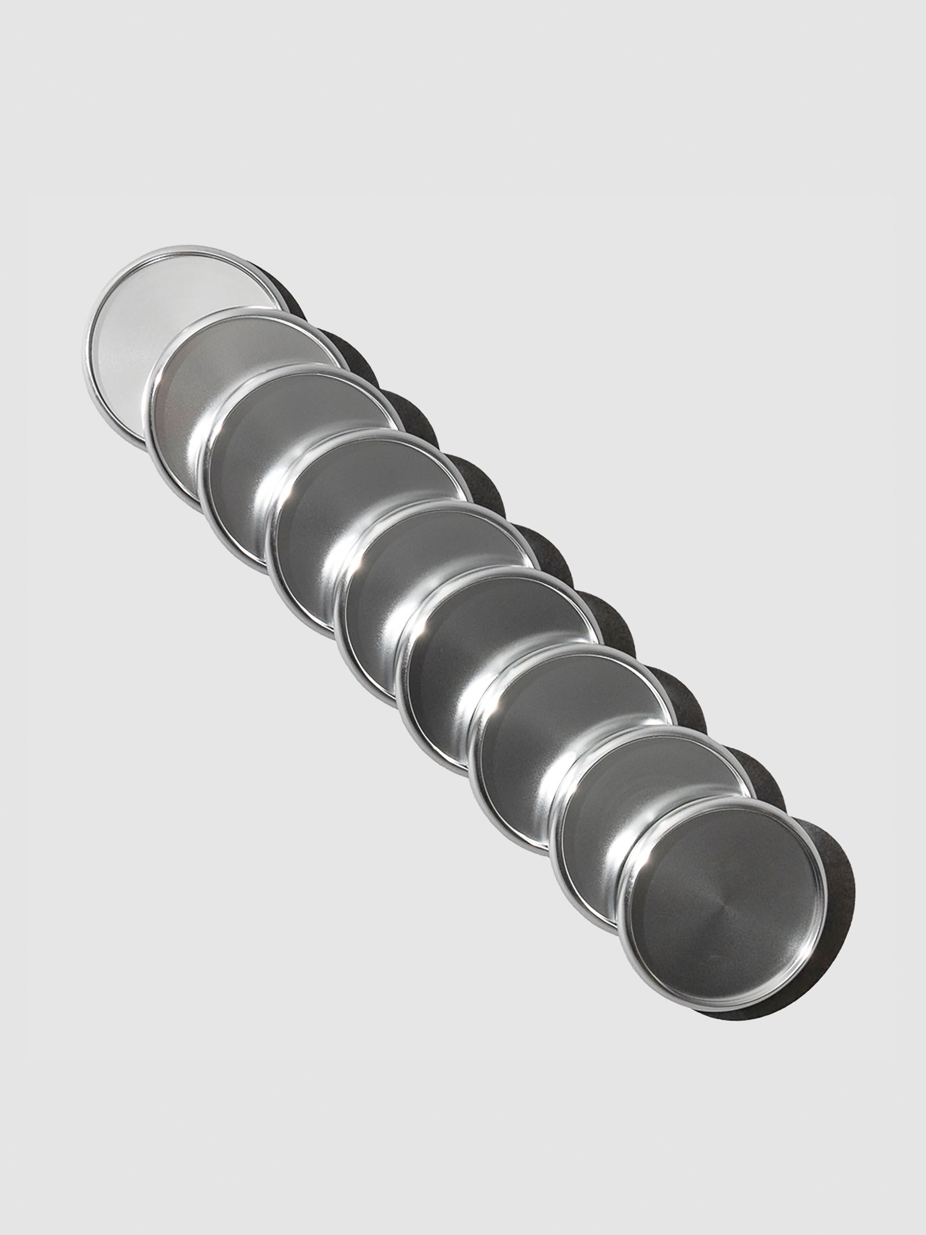 Silver aluminum planner discs, 1.5 inch size, set of nine shown in packaging.