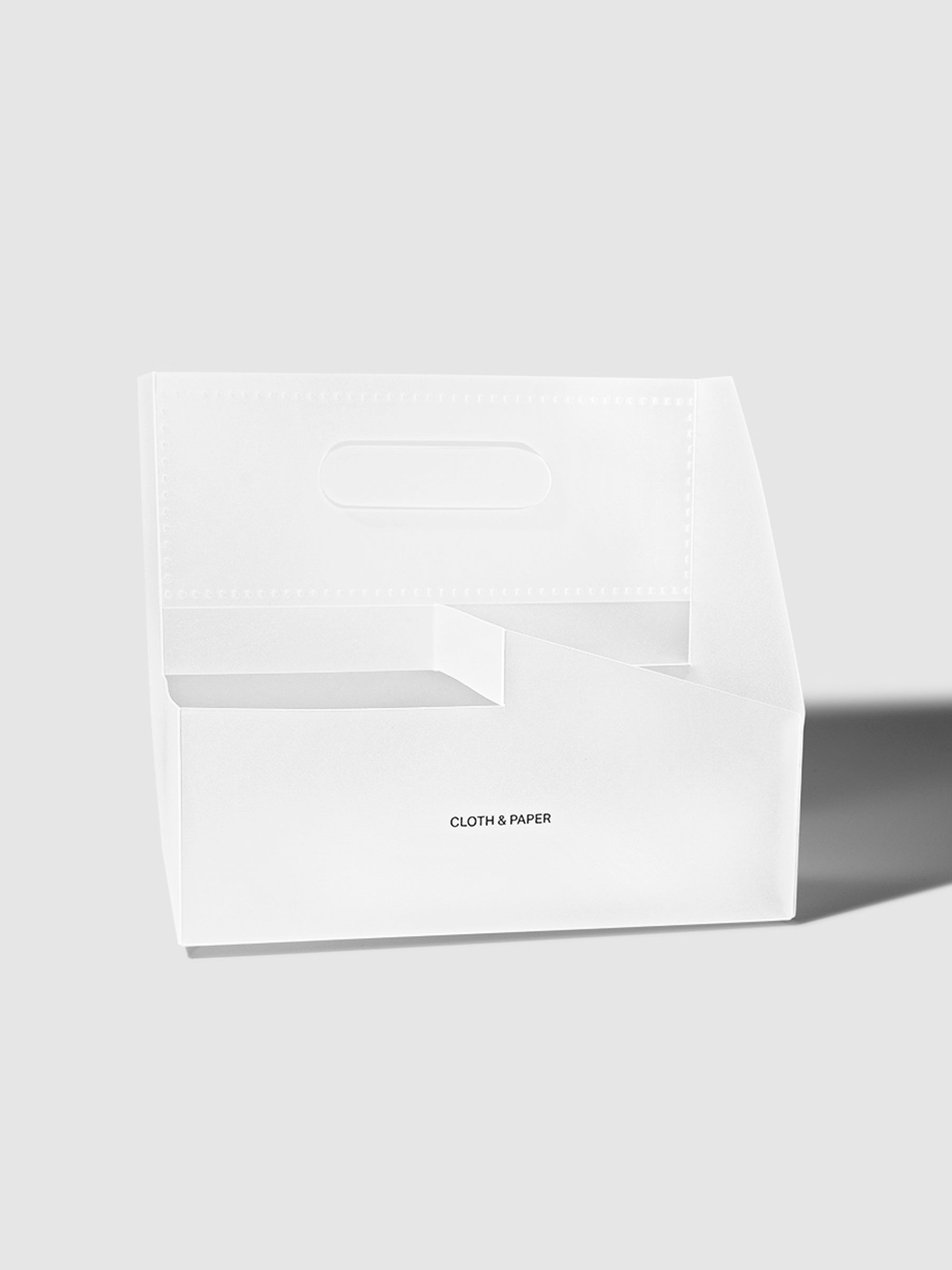 Pop Up Storage Caddy, Cloth and Paper. Caddy displayed empty on a neutral background.