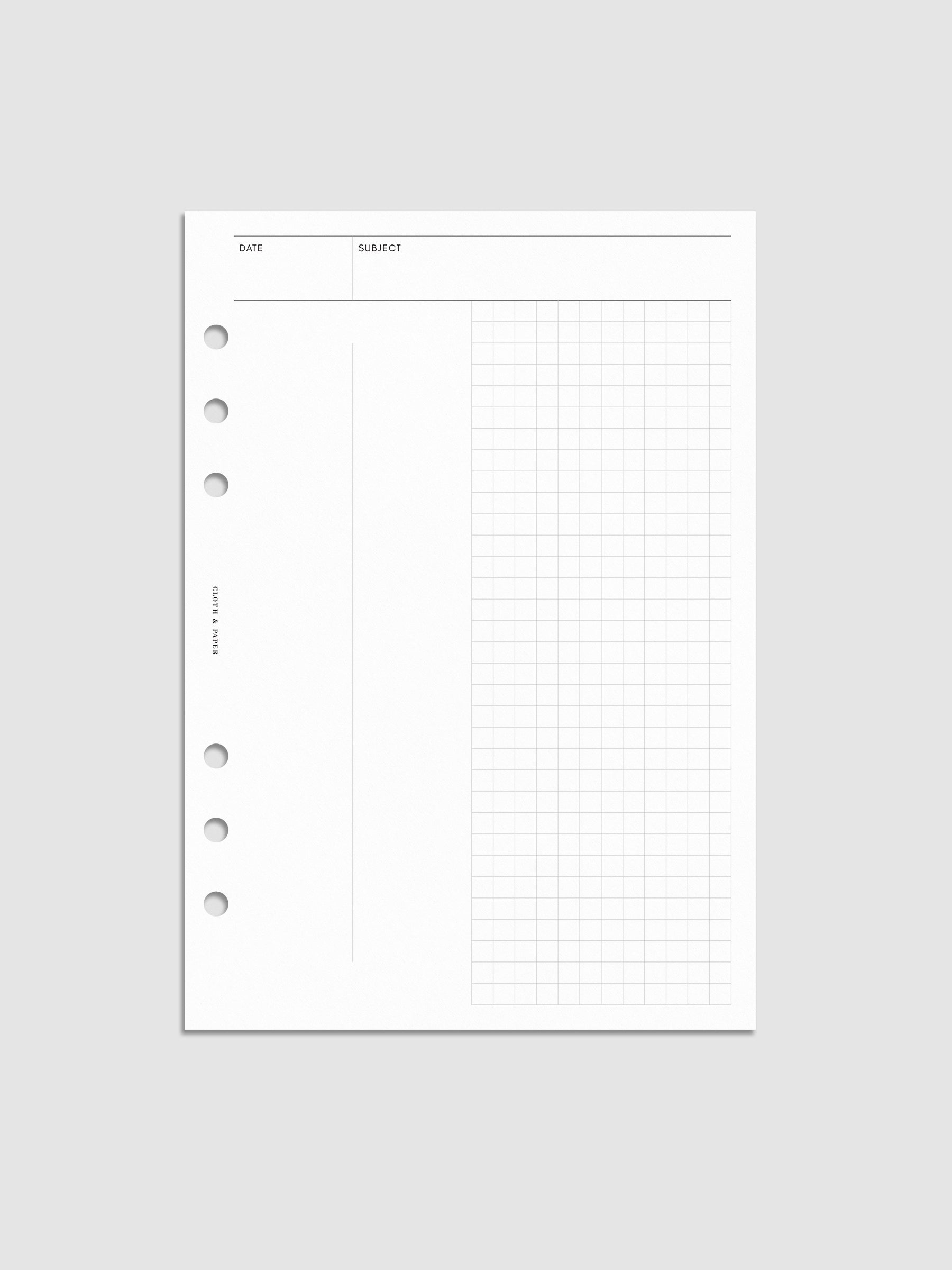 A5 Process Notes Planner Insert with date and subject headers in a refined grid layout.