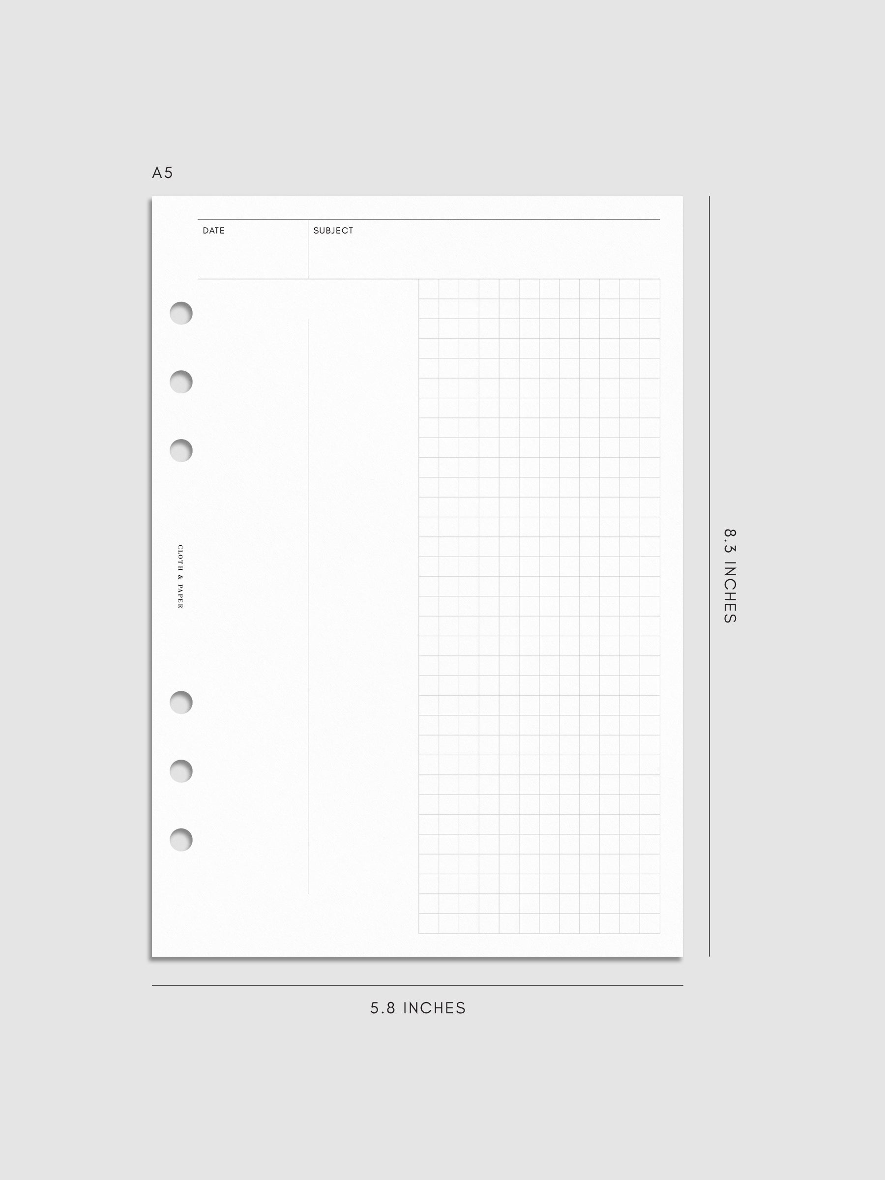 A5 Process Notes Planner Insert mockup with minimal grid and date headers.