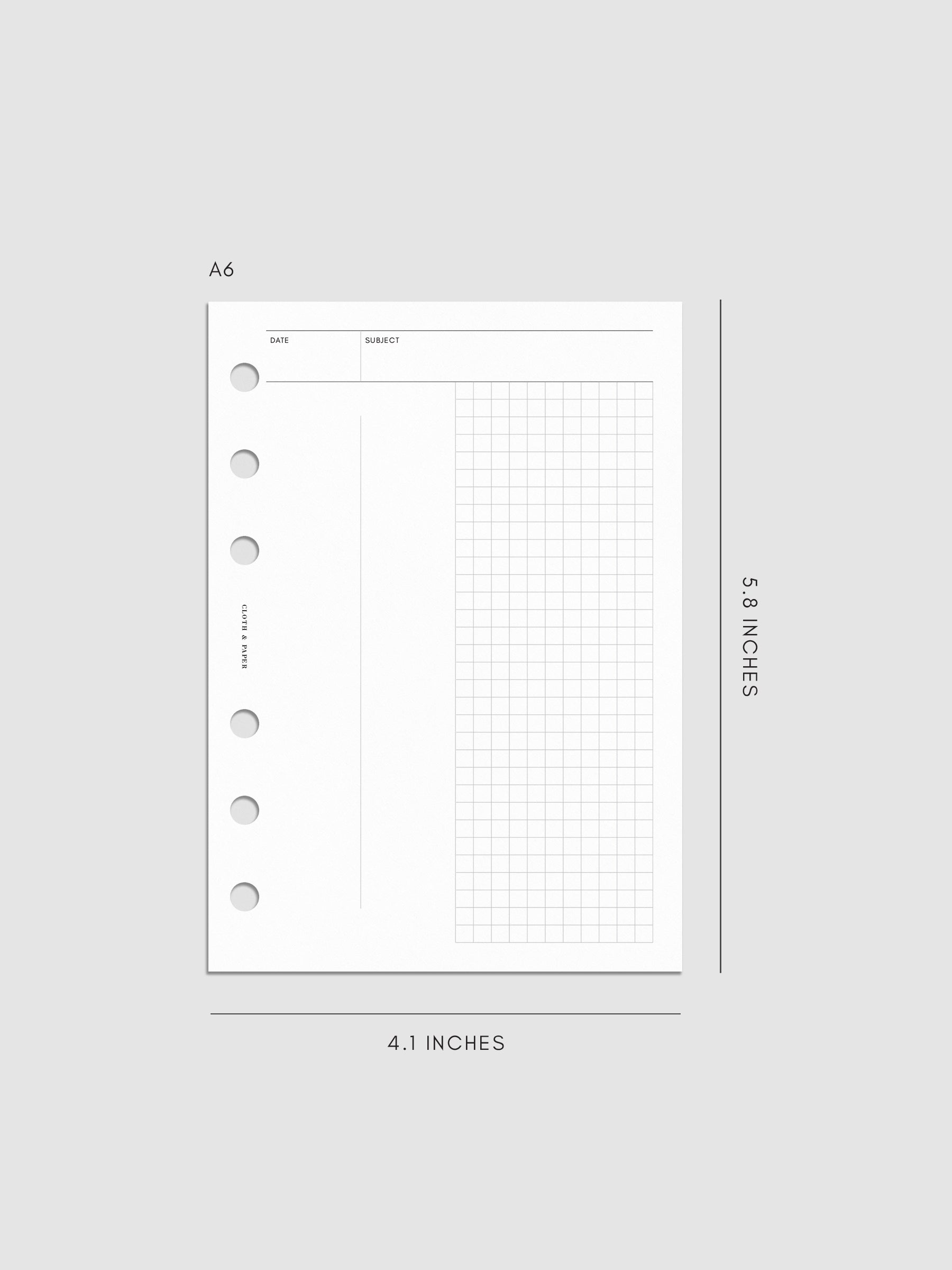 A6 Process Notes Planner Insert mockup featuring minimal structured grid pages.