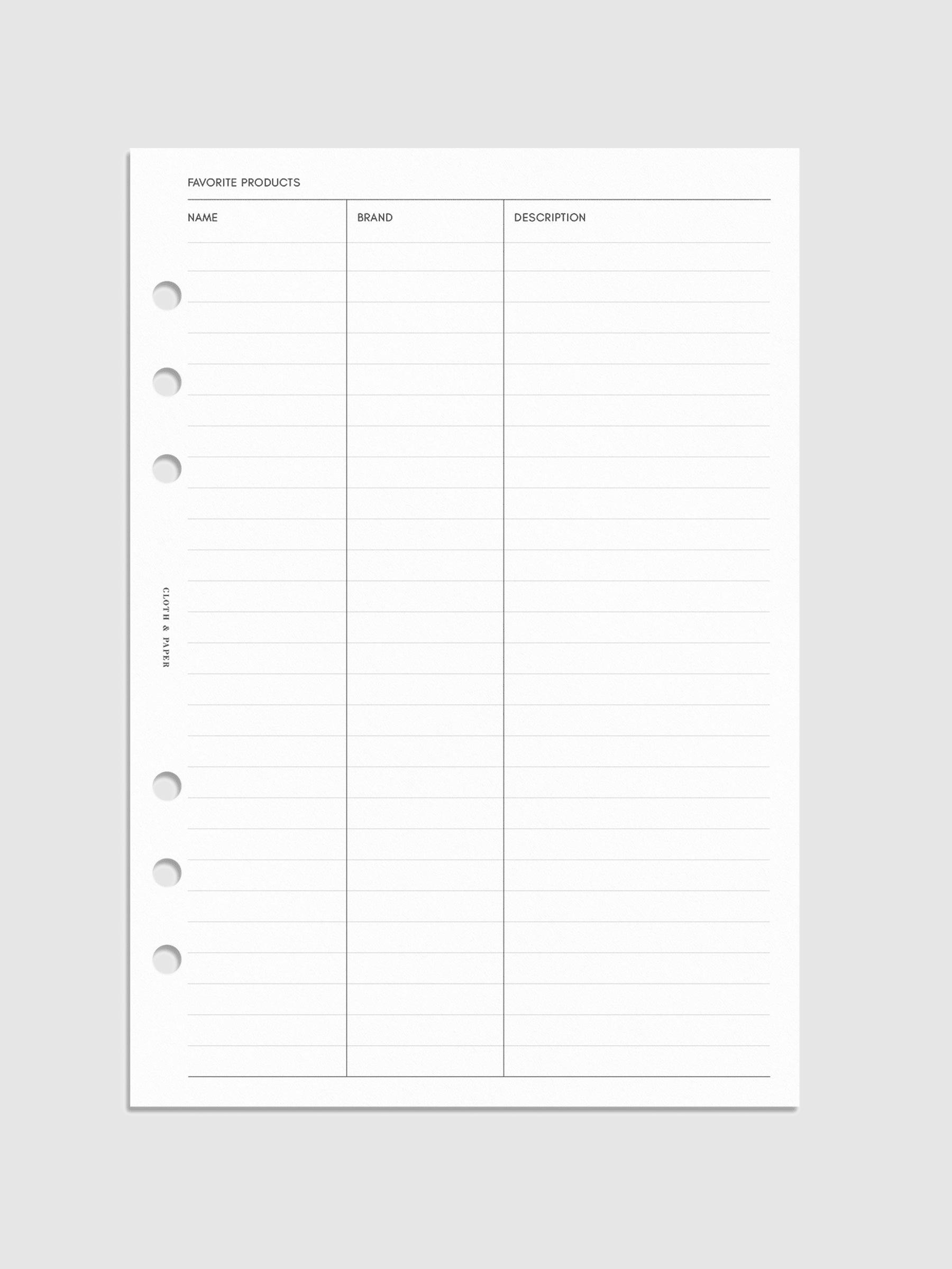 Digital mockup of inserts in A5 sizing. "Favorite Products" is the page shown.